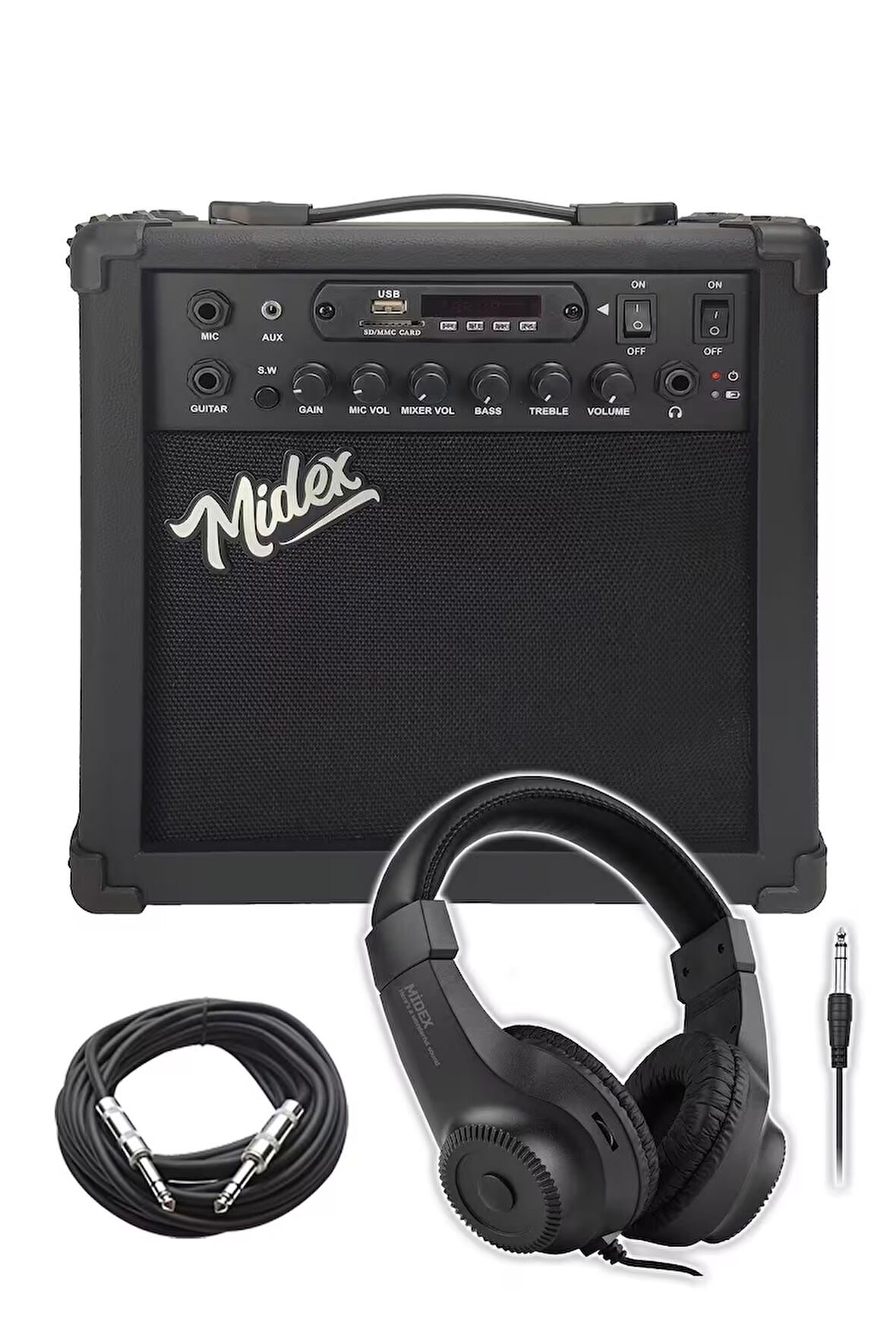 Midex MGA-25BK-HD Elektro Gitar Amfisi 25 Watt USB Bluetooth ve Şarjlı (Amfi Kulaklık ve Jack Kablo)
