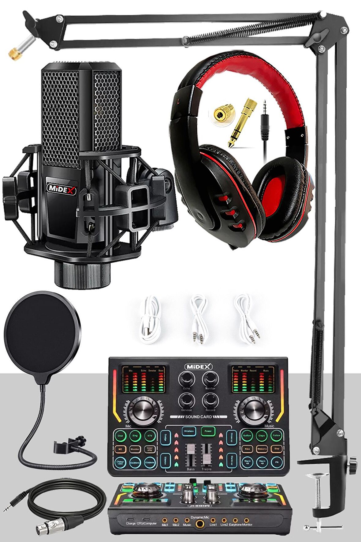 Midex MX-2020 Titanium Set Efektli Ses Kartı Mikrofon Kulaklık Stand Kayıt Canlı Yayın (PC ve Telefon)