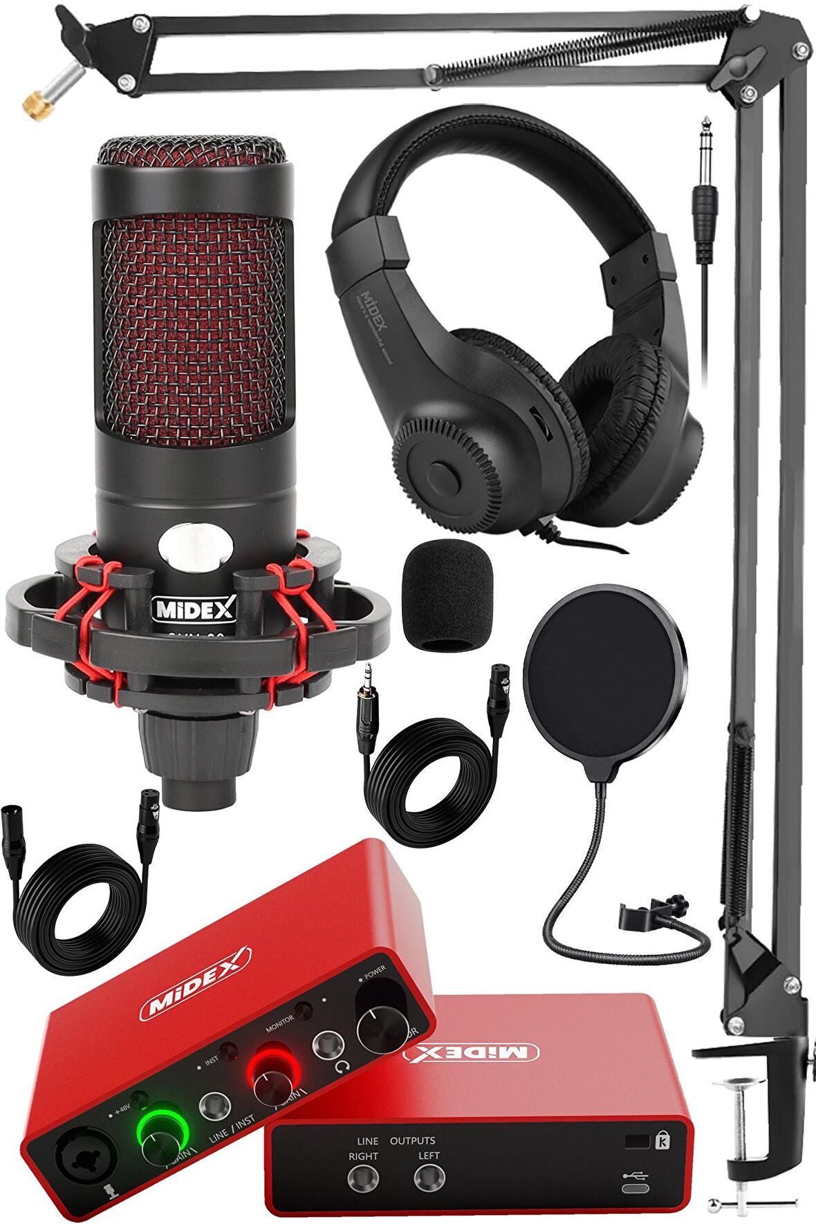 Midex CXN-30 Paket-8 Stüdyo Ses Kartlı Condenser Mikrofon Stand Kulaklık Seti