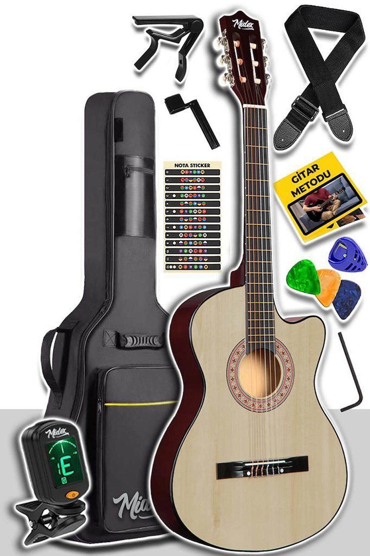 Midex CG390NT-XBAG Klasik Gitar 4/4 Sap Ayarlı Kesik Kasa (Çanta Tuner Askı Capo Metod Pena)