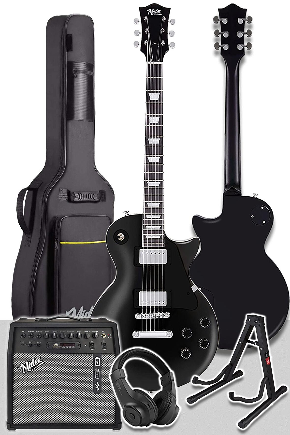 Midex GRX-200BK-50-AMP Profesyonel Elektro Gitar Seti 50 Watt Gainli Şarjlı Amfi ve Full Set (H-H)