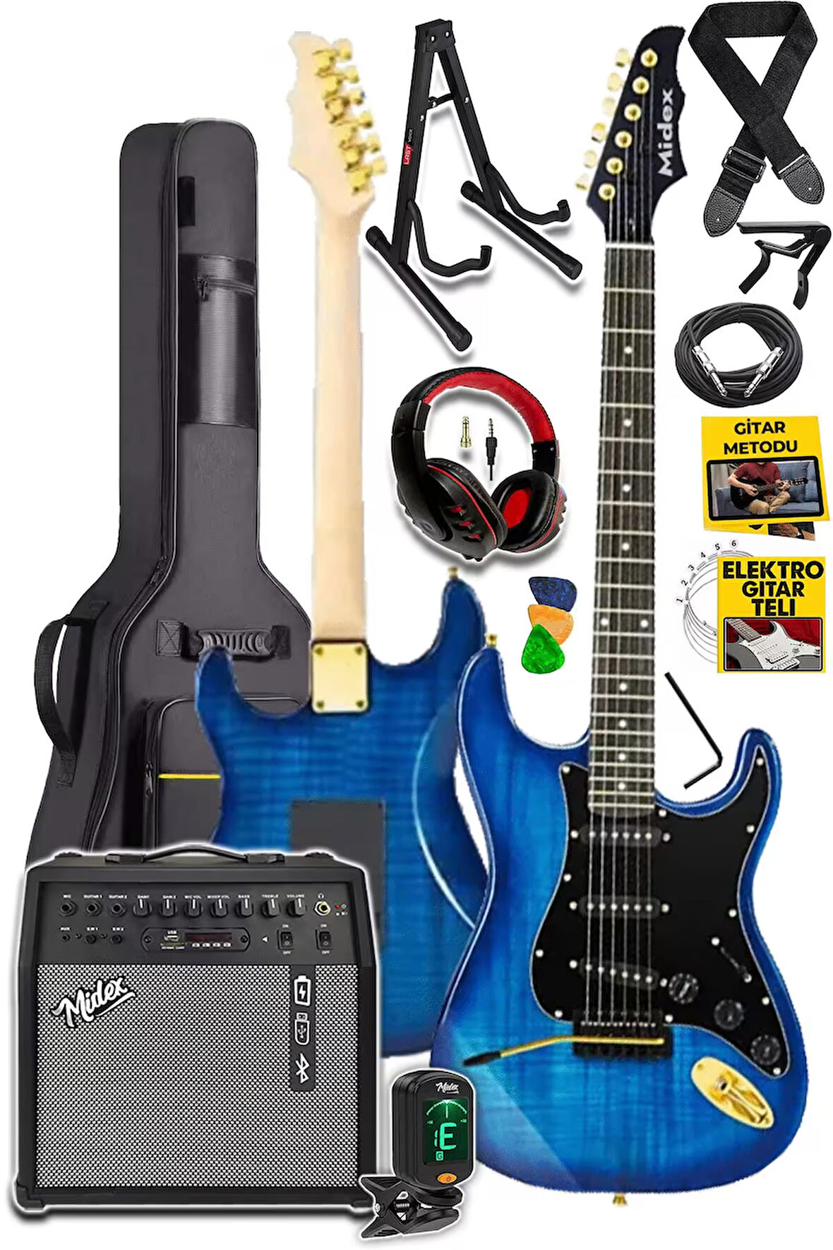 Midex GLC-40BL-50AMP Elektro Gitar Seti 50 WATT Şarjlı BT Amfi Kulaklık ve Full SET