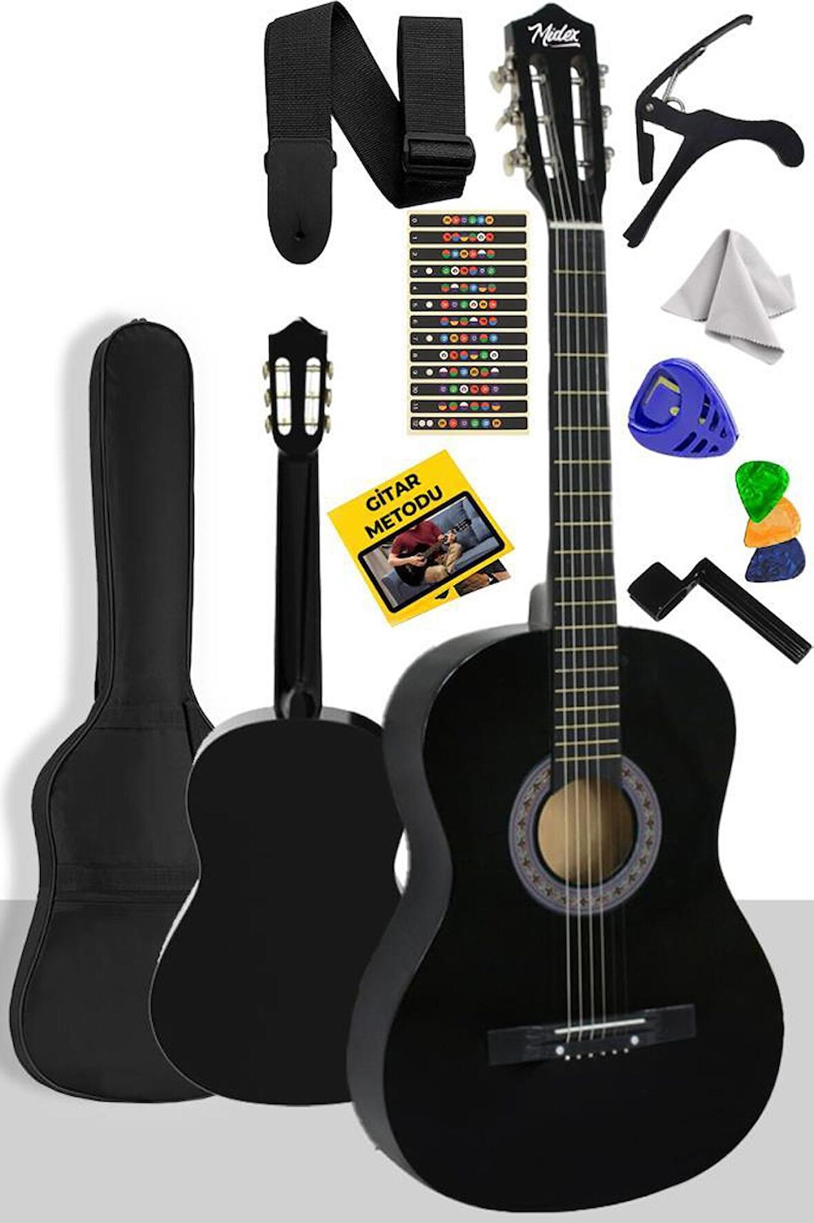 Midex CG-270BK Siyah Klasik Gitar 4/4 Yetişkin Boy Sap Ayarlı Full Set