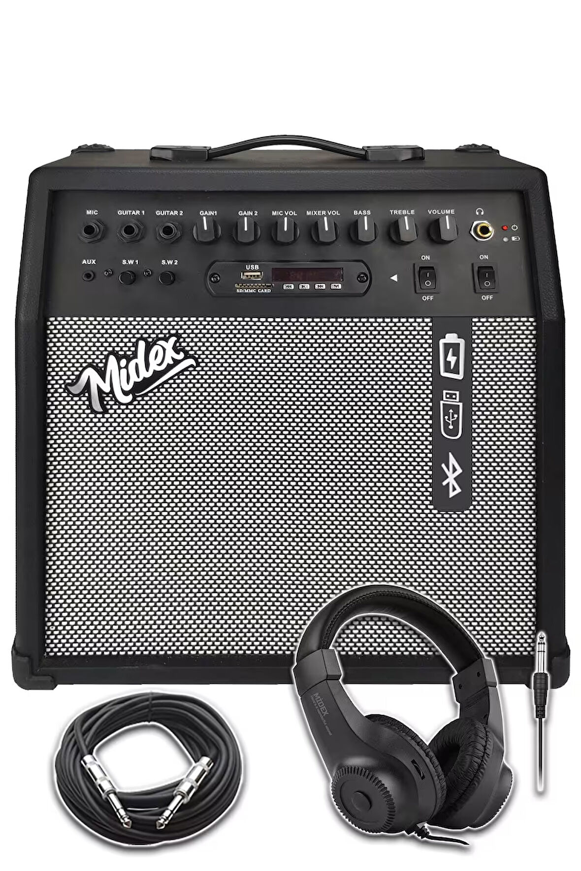 Midex MGA-50HD Elektro Gitar Amfisi 50 Watt USB Bluetooth Şarjlı 4 girişli (Kulaklık ve Kablo Dahil)