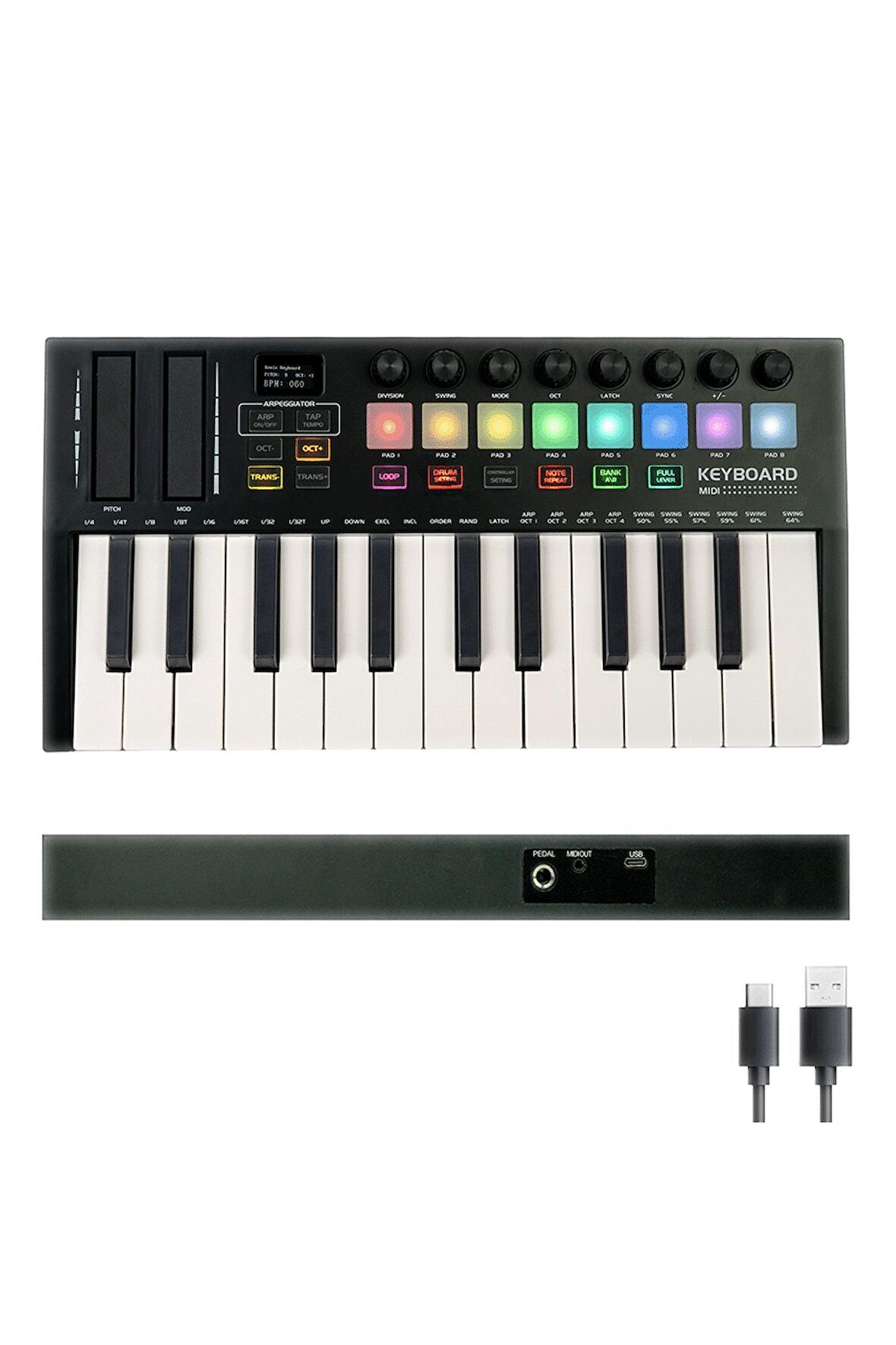 Midex MD-255 Yeni Nesil Midi Klavye 25 Tuşlu 8 Hassasiyetli Lounch Pad 8 Ton Potansı