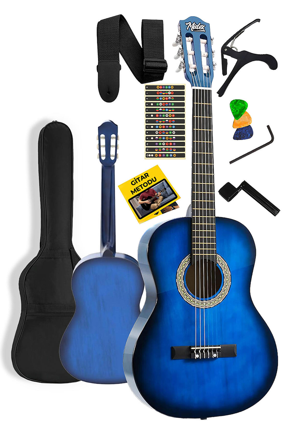 Midex CG-36BL Kaliteli 36 İnç 3/4 Juniur Çocuk Gitarı 8-12 Yaş Arası (Çanta Askı Capo Nota Sticker Pena Metod)