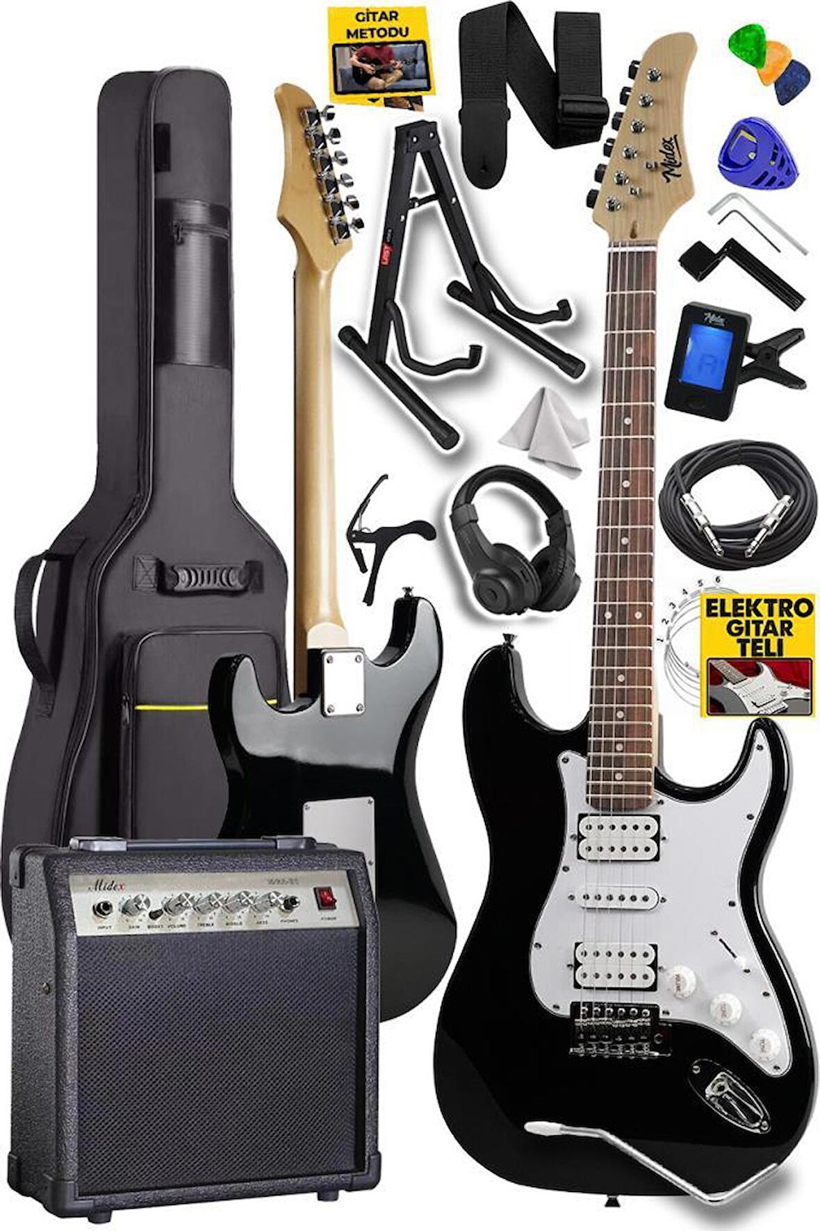 Midex RPH-40WB-30AMP Siyah Beyaz 30W Amfili Elektro Gitar Seti HSH Manyetik Gül Klavye Üst Kalite