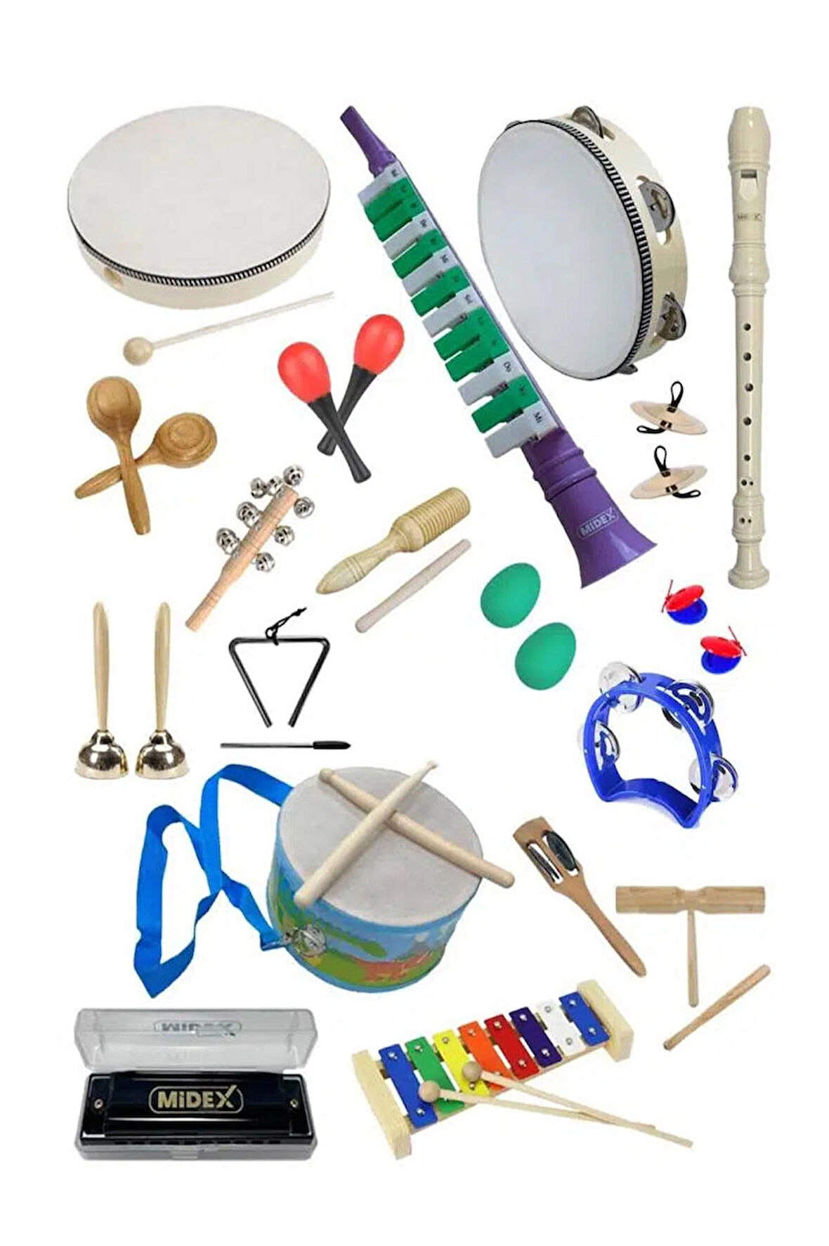 Midex Örf Aletleri Seti Over Paket-2 Marakas Zil Üçgen Ksilofon Melodika Mızıka Davul Flüt (20 Parça)