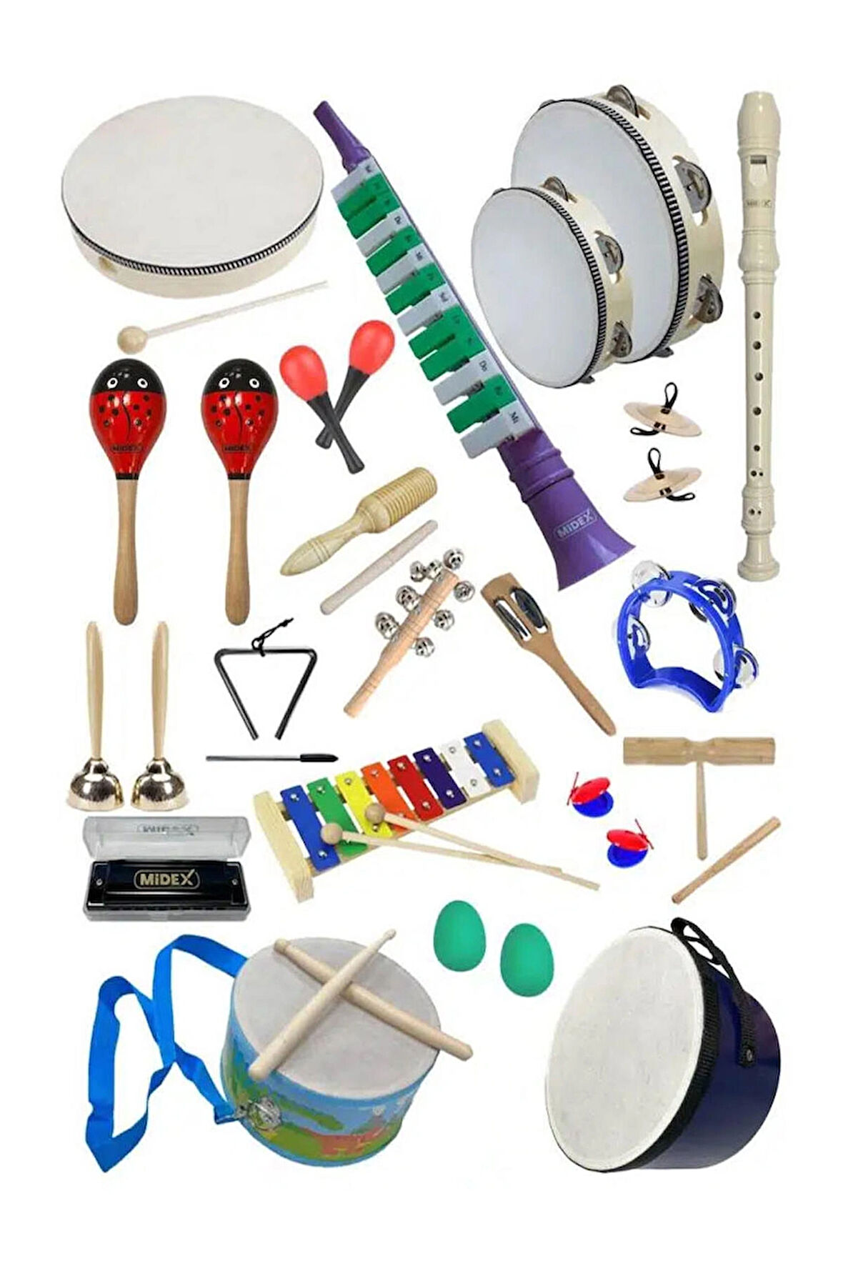 Midex Örf Aletleri Seti Over Paket-3 Marakas Zil Üçgen Ksilofon Melodika Mızıka Davul Flüt (23 Parça)