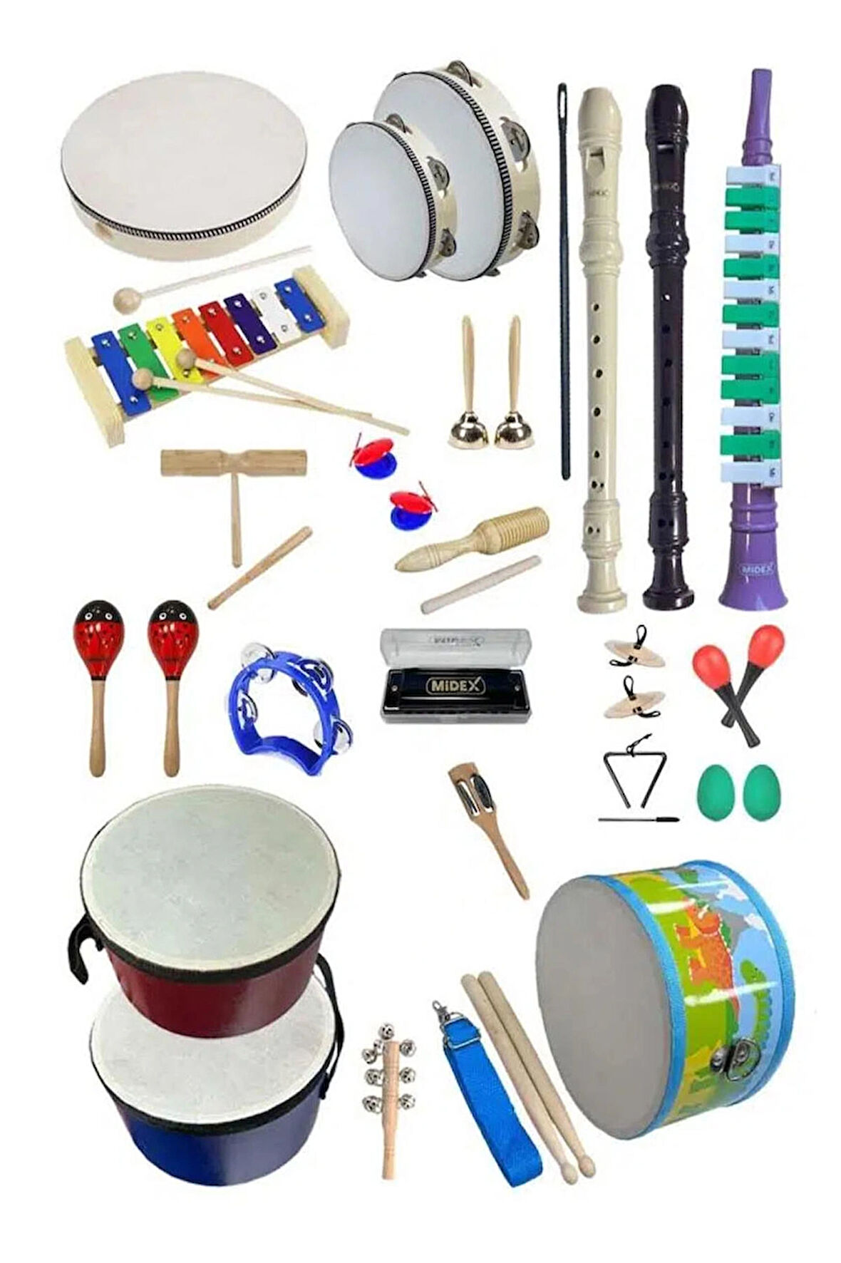 Midex Örf Aletleri Seti Overmuch Paket-1 Marakas Zil Üçgen Ksilofon Melodika Mızıka Davul Flüt (26 Parça)