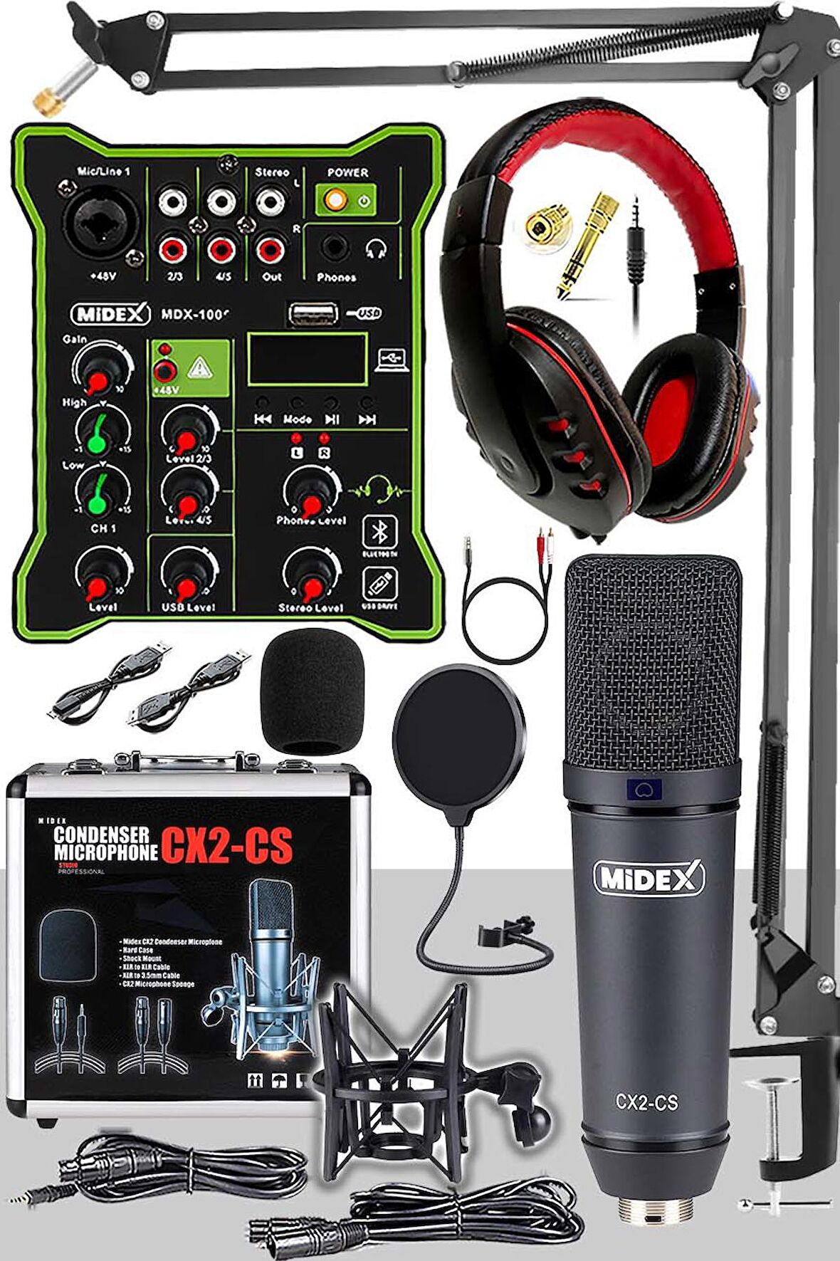 Midex CX2 Functional Paket-5 Stüdyo Mikrofon Ses Kartlı Mikser Kulaklık Stand