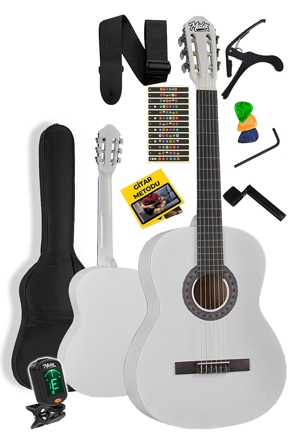 Midex CG-36WH-PAK Kaliteli 36 İnç 3/4 Juniur Çocuk Gitarı 8-12 Yaş Arası (Tuner Çanta Capo Askı Nota Sticker Pena Metod)