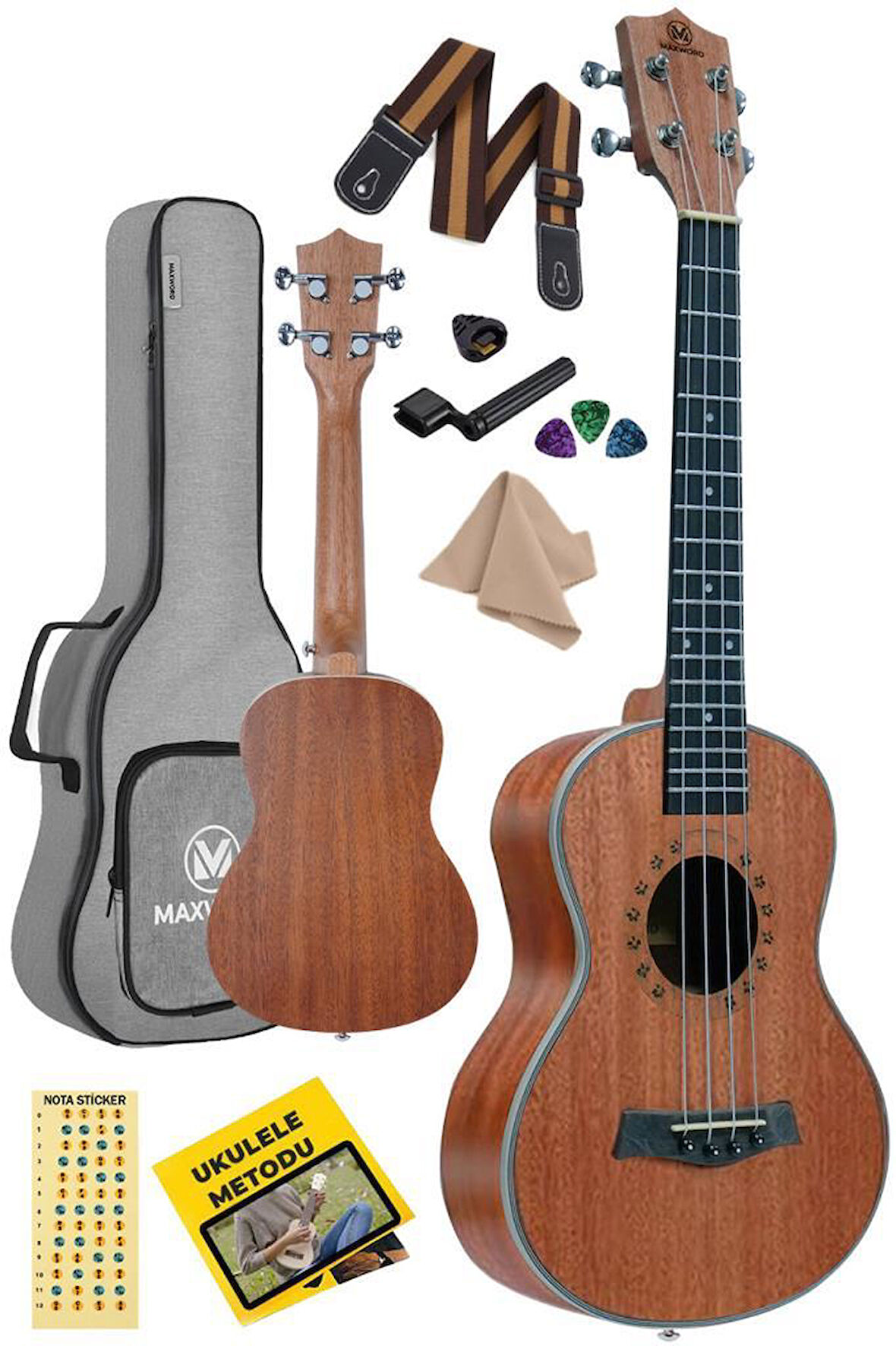 Maxword MU-26 PRO Yüksek Kaliteli Maun Tenor Ukulele Seti