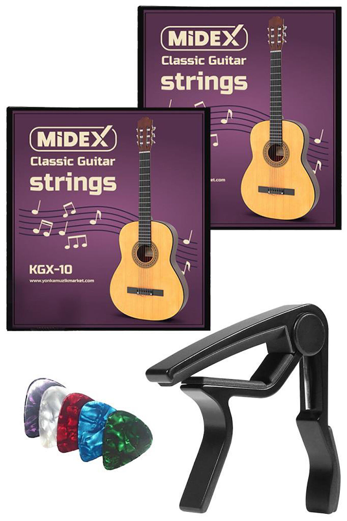 Midex KGX-10MC Klasik Gitar Teli Takımı Pena ve Metal Kapo (Capo) Seti