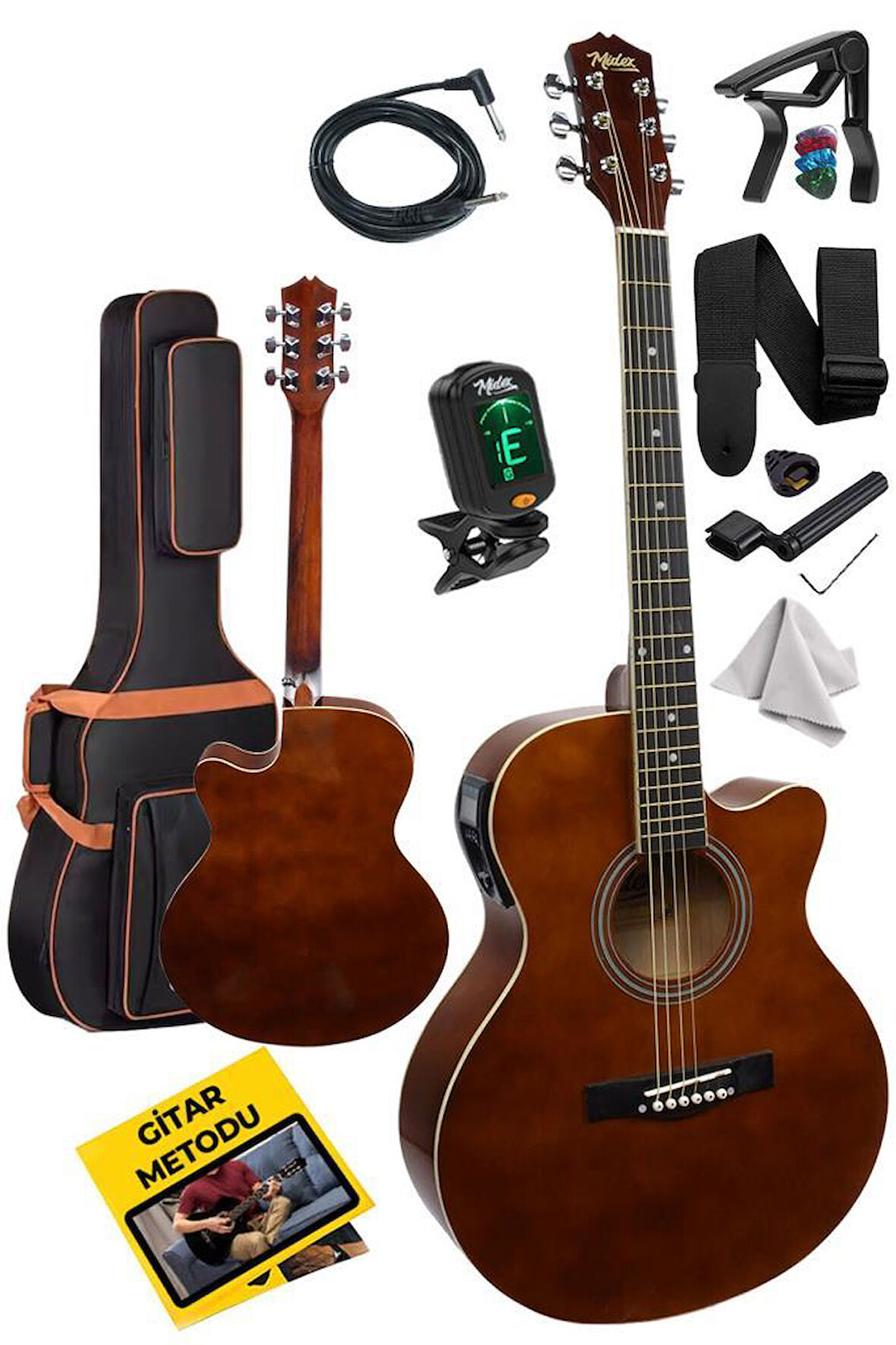 Midex XC-300BRW-EQ Profesyonel Kahverengi Elektro Akustik Gitar Seti 40 İnç 4/4 Yetişkin Full Set