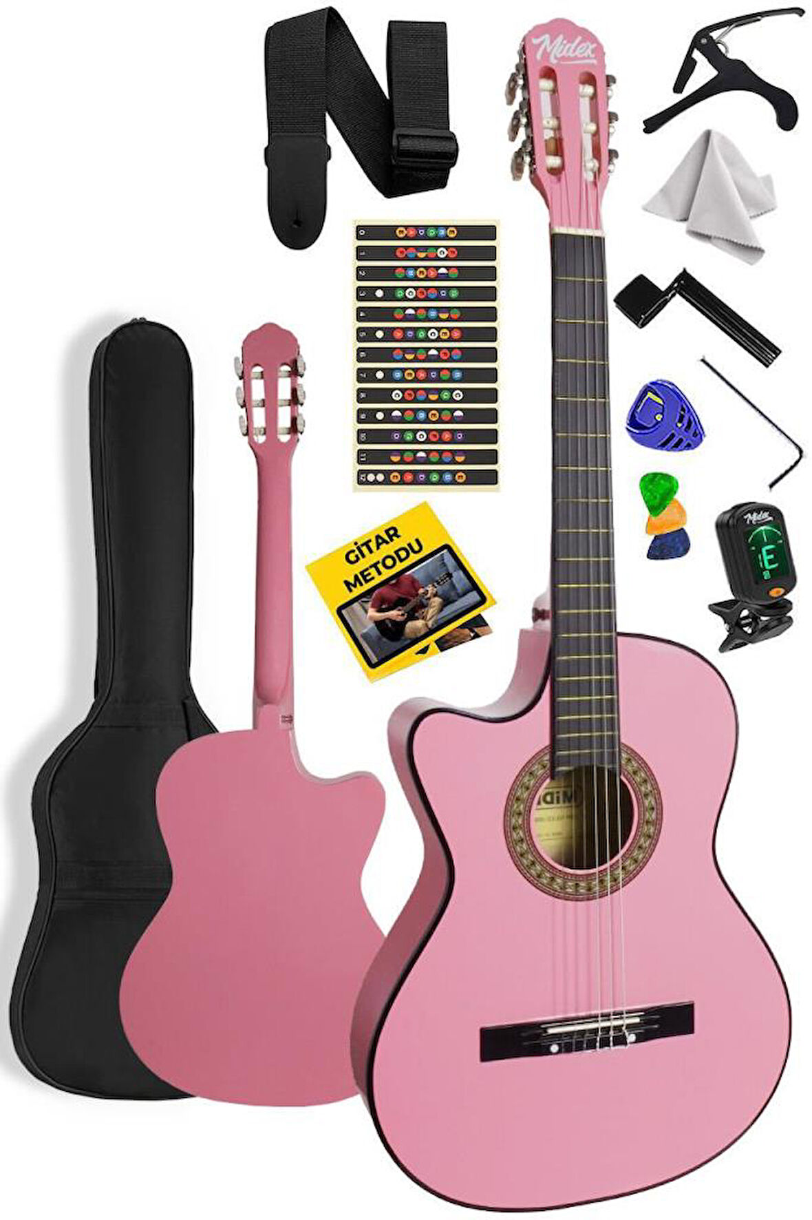 Midex CG-396PK SOLAK Klasik Gitar Pembe Renk Full Set Sap Ayarlı 4/4 yetişkin Boy