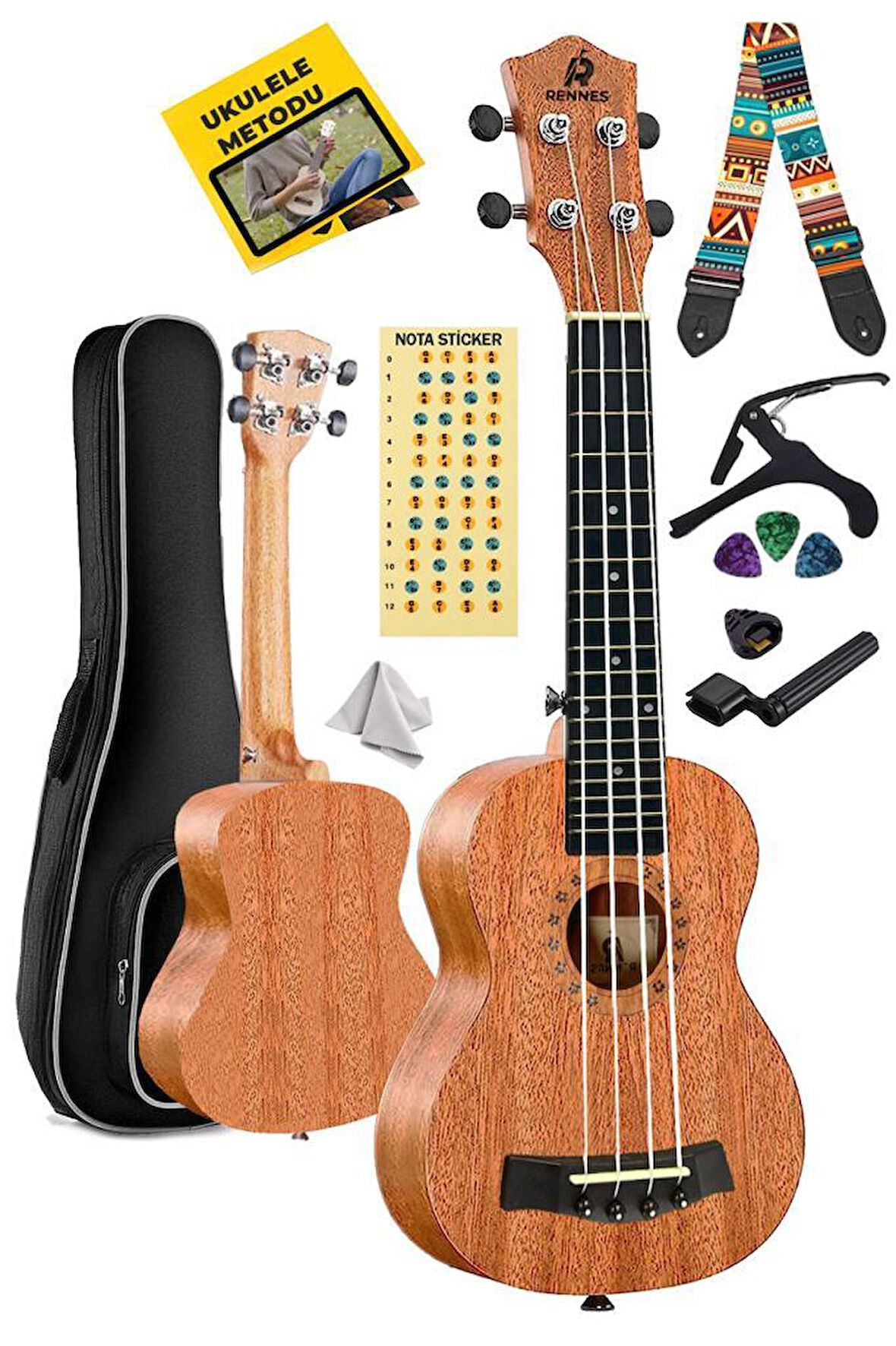 Rennes RD-26 Tenor Ukulele (Çanta Capo Askı Metod Pena)