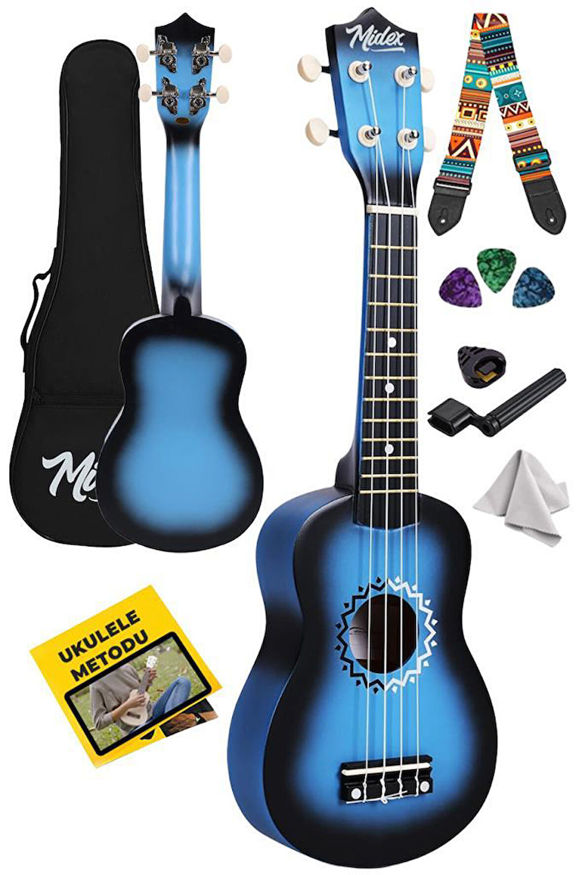 Midex UKX-500BL Sunburs Efektli Maun Soprano Ukulele Full Set