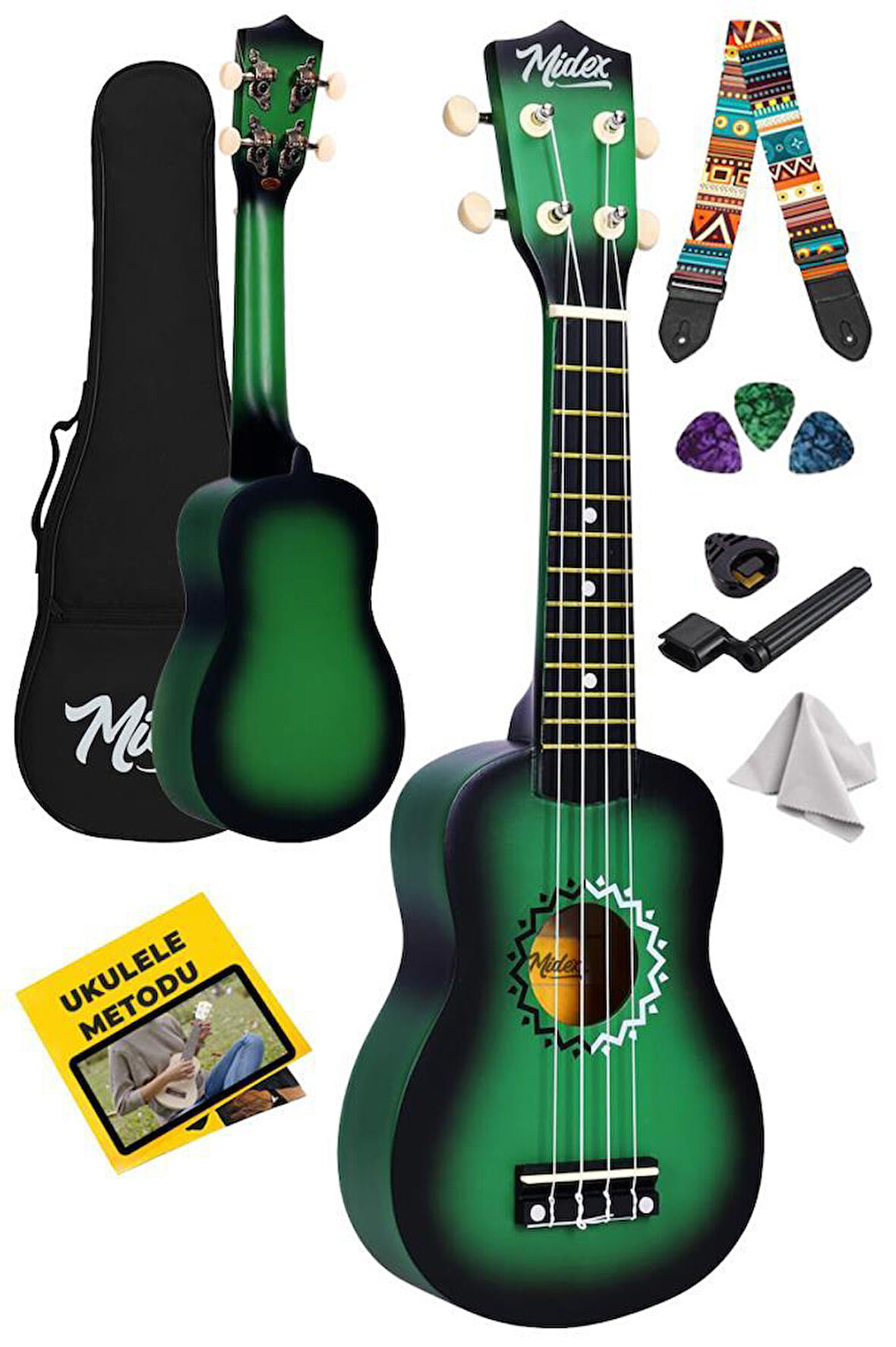 Midex UKX-500GR Sunburs Efektli Maun Soprano Ukulele Full Set