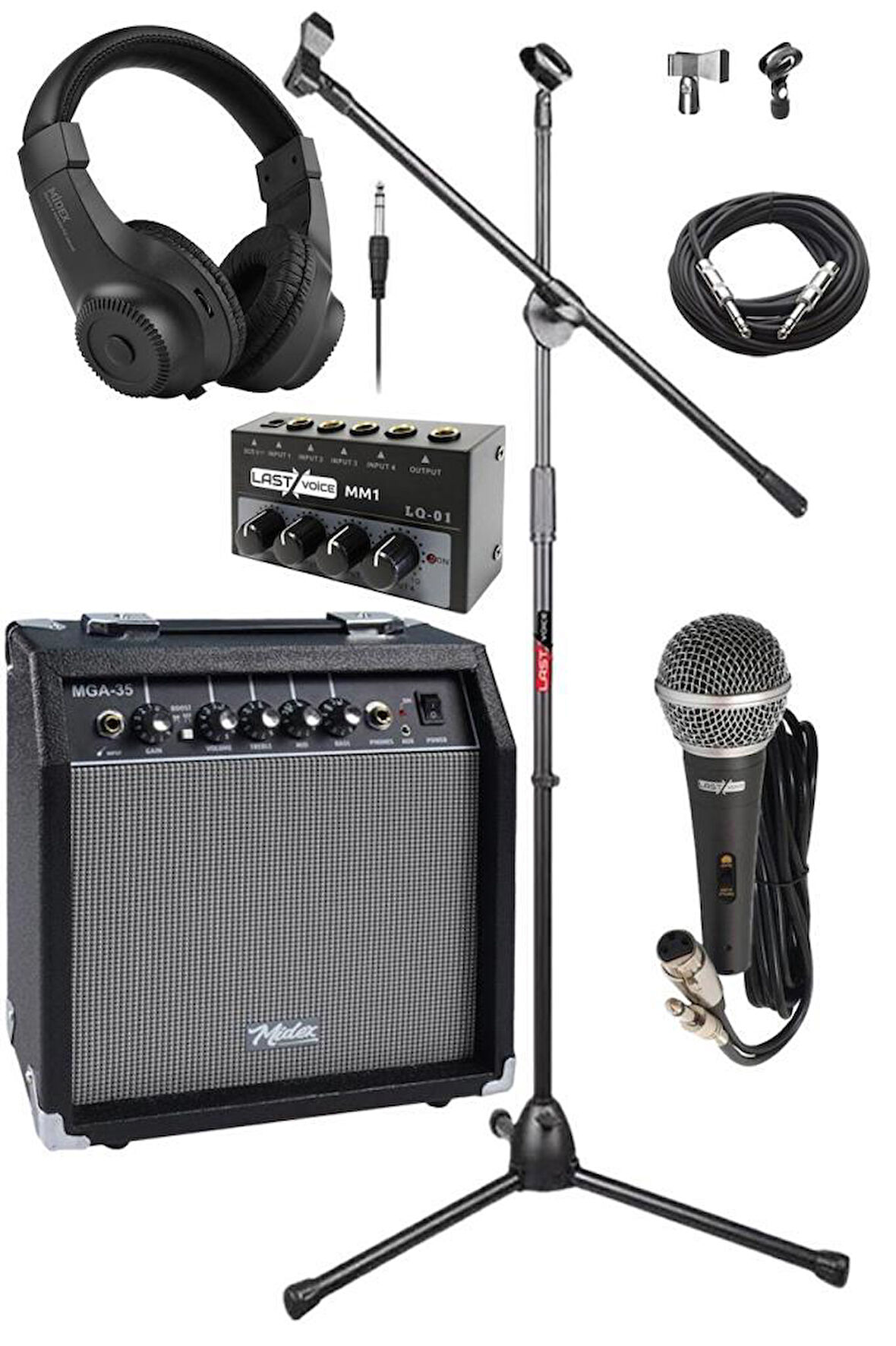 Midex MGA-35BK-FP Elektro Gitar Amfisi Seti 35 Watt Gain Özellikli (Mikser Amfi Mikrofon Stand Kulaklık Kablo)