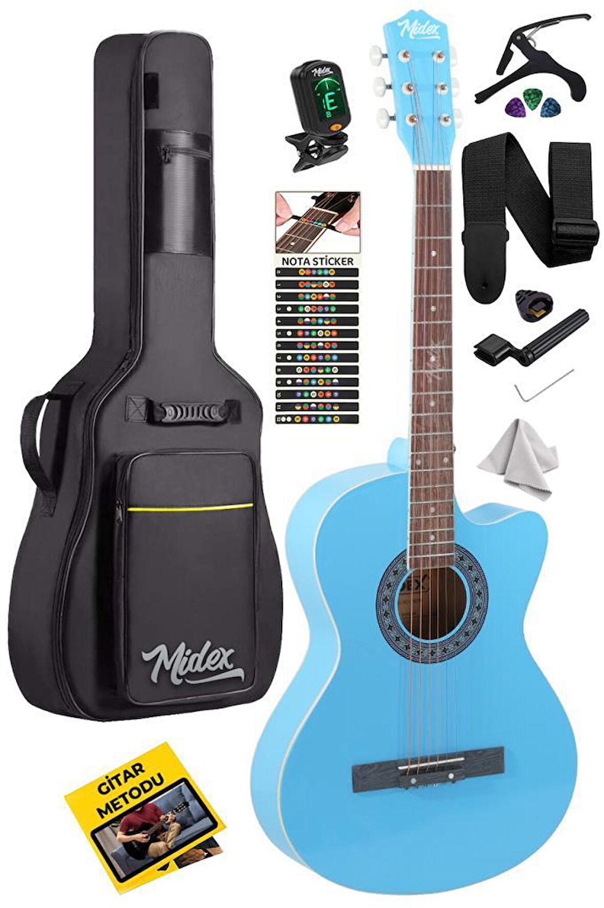 Midex XC-120LTB Kaliteli Akustik Gitar Gül Klavye Sap Ayarlı 4/4 Full Set