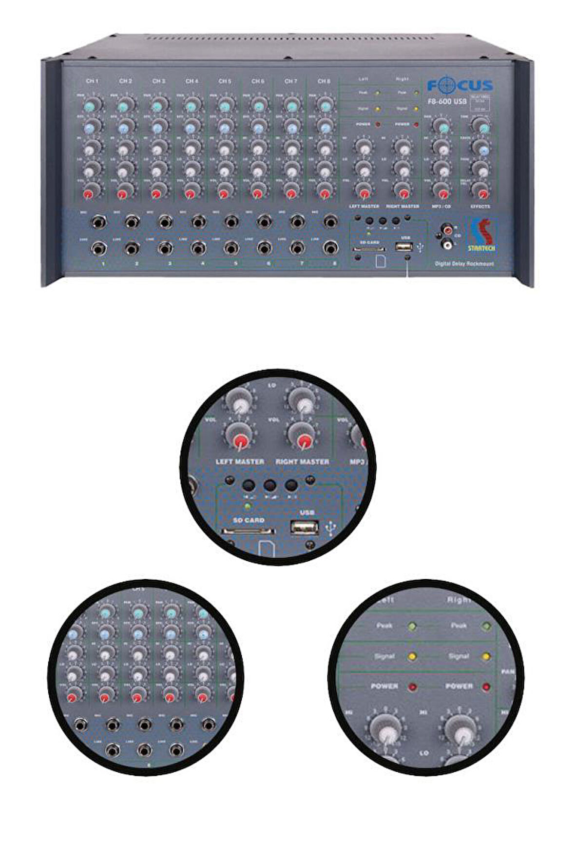 Startech Focus F8-600 USB 2x300W 8 Kanal Stereo Cami Anfisi Power Mixer Amfi