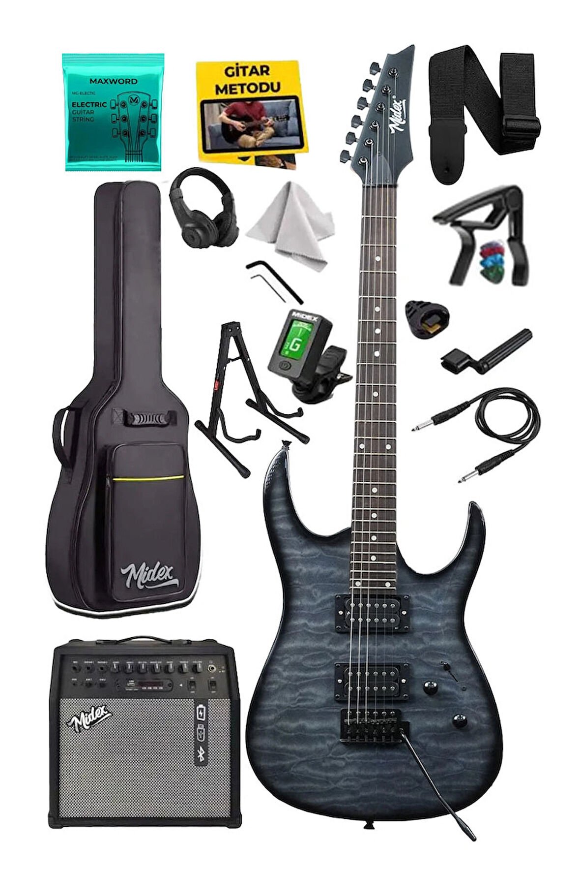 Midex Crade-50AMP Grey Rosewood Super Strat Kasa HH Yüksek Kaliteli 50W Amfili Elektro Gitar Seti