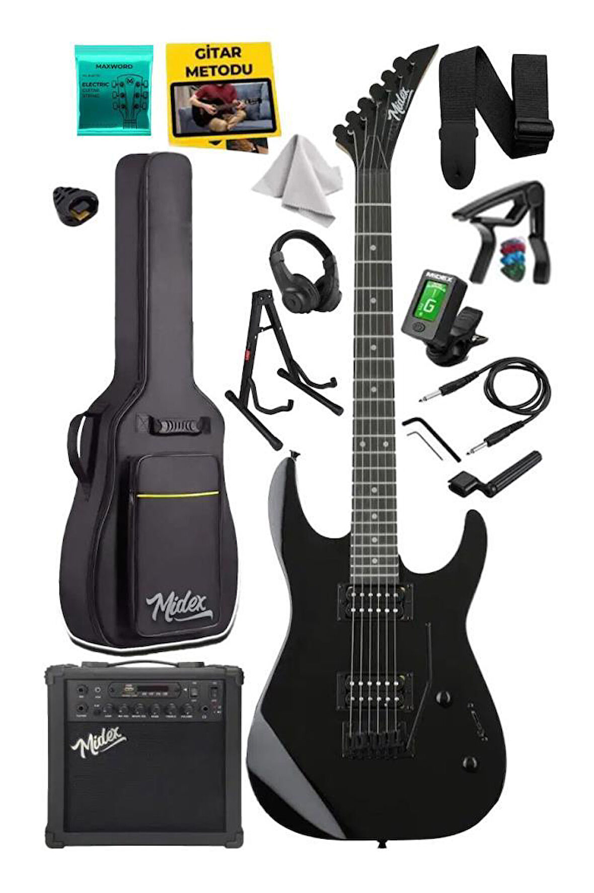 Midex Crade-25AMP Black Rosewood Super Strat Kasa HH Yüksek Kaliteli 25W Amfili Elektro Gitar Seti