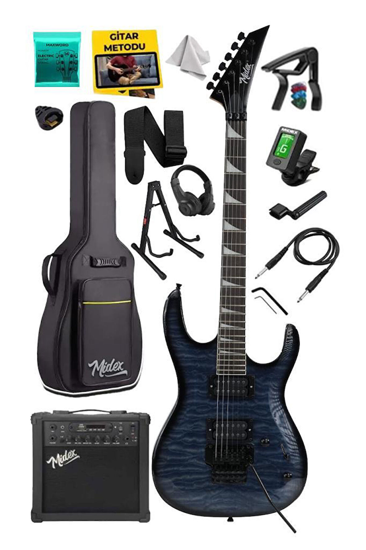 Midex Crade-25AMP Blue Rosewood Super Strat Kasa HH Yüksek Kaliteli 25W Amfili Elektro Gitar Seti