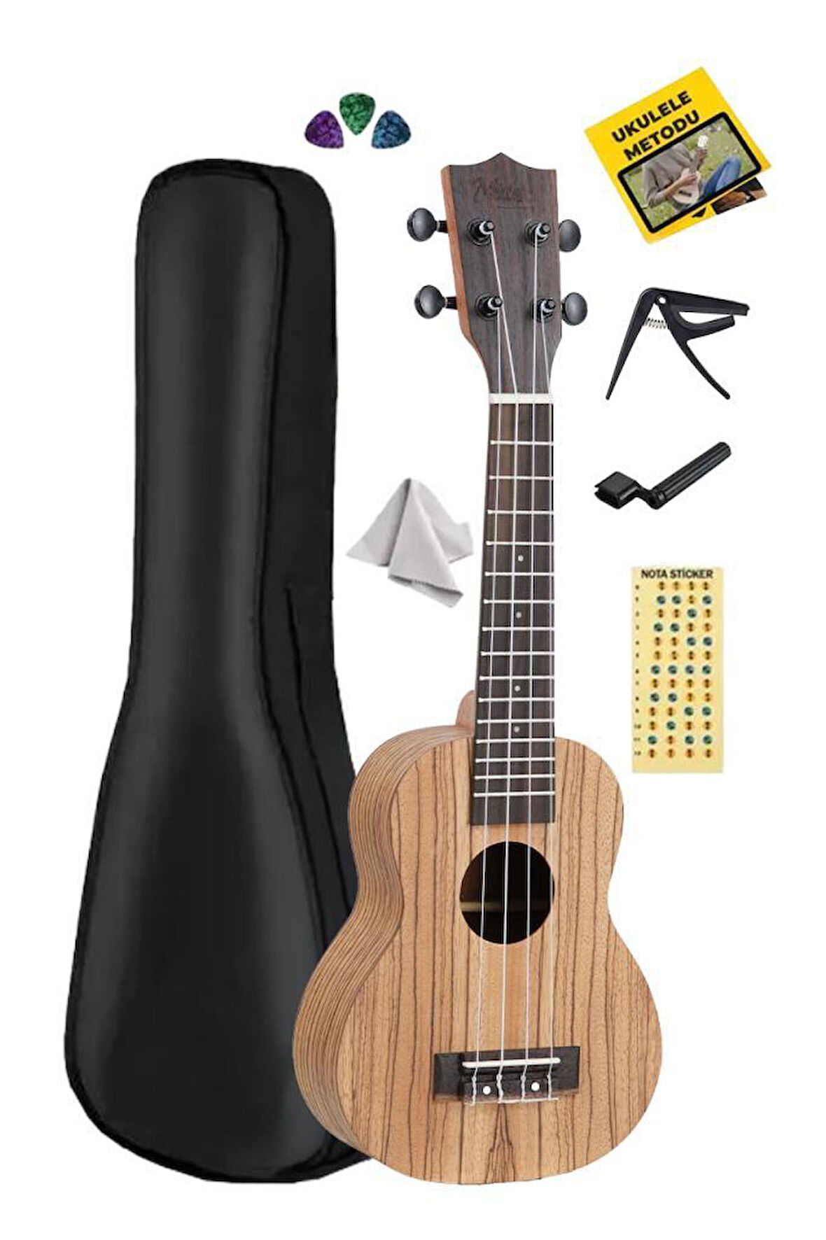 Midex SPA-211 Zebrano Ağacı Kaliteli Soprano Ukulele Seti