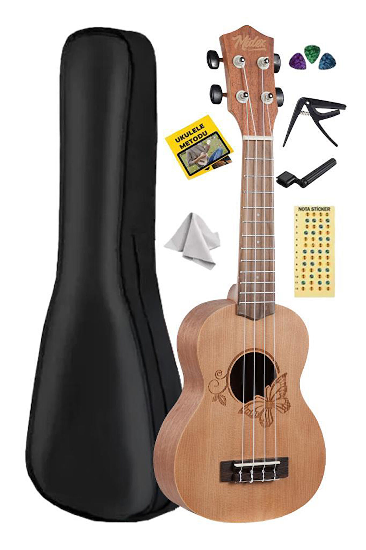 Midex SPA-261 Ladin Ağacı Kelebek Desenli Kaliteli Soprano Ukulele Seti