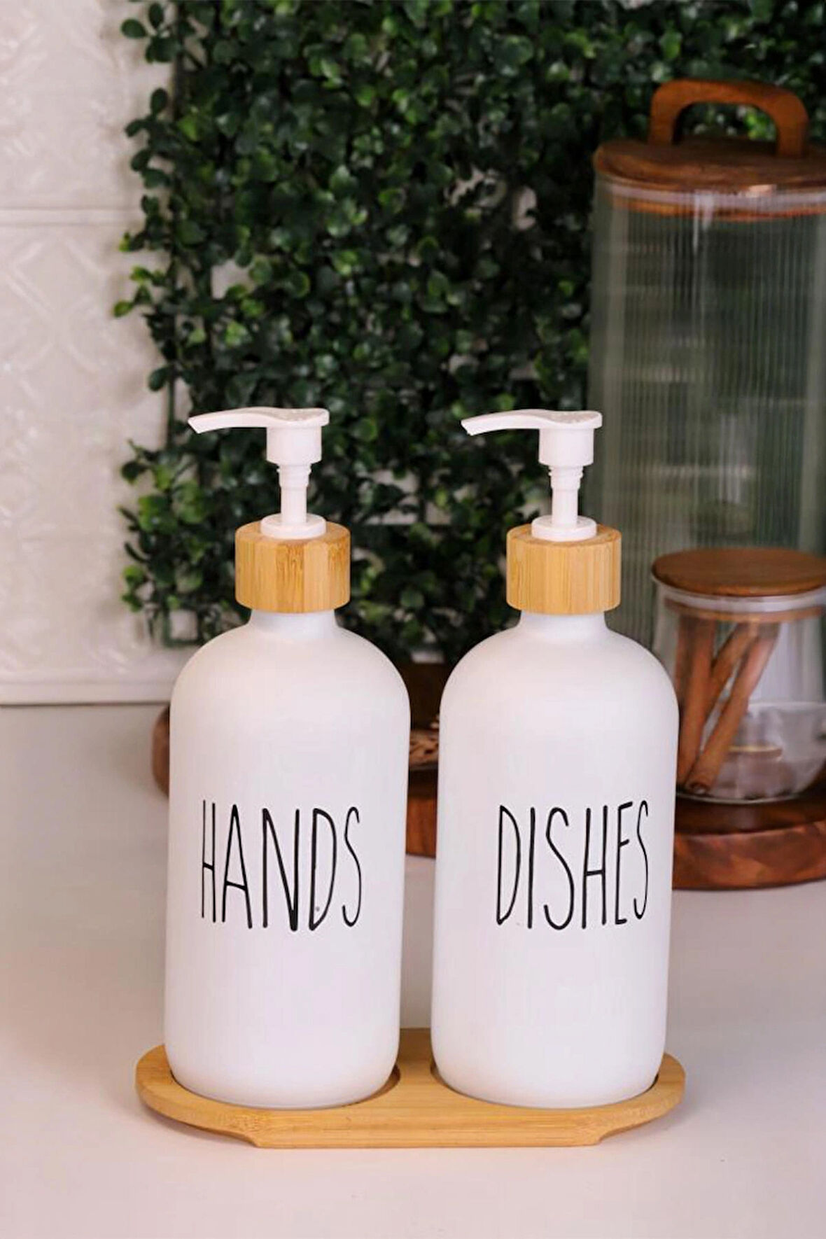2’li Beyaz Mutfak Sıvı Sabunluk Seti 500ml+500ml Bambu Standlı