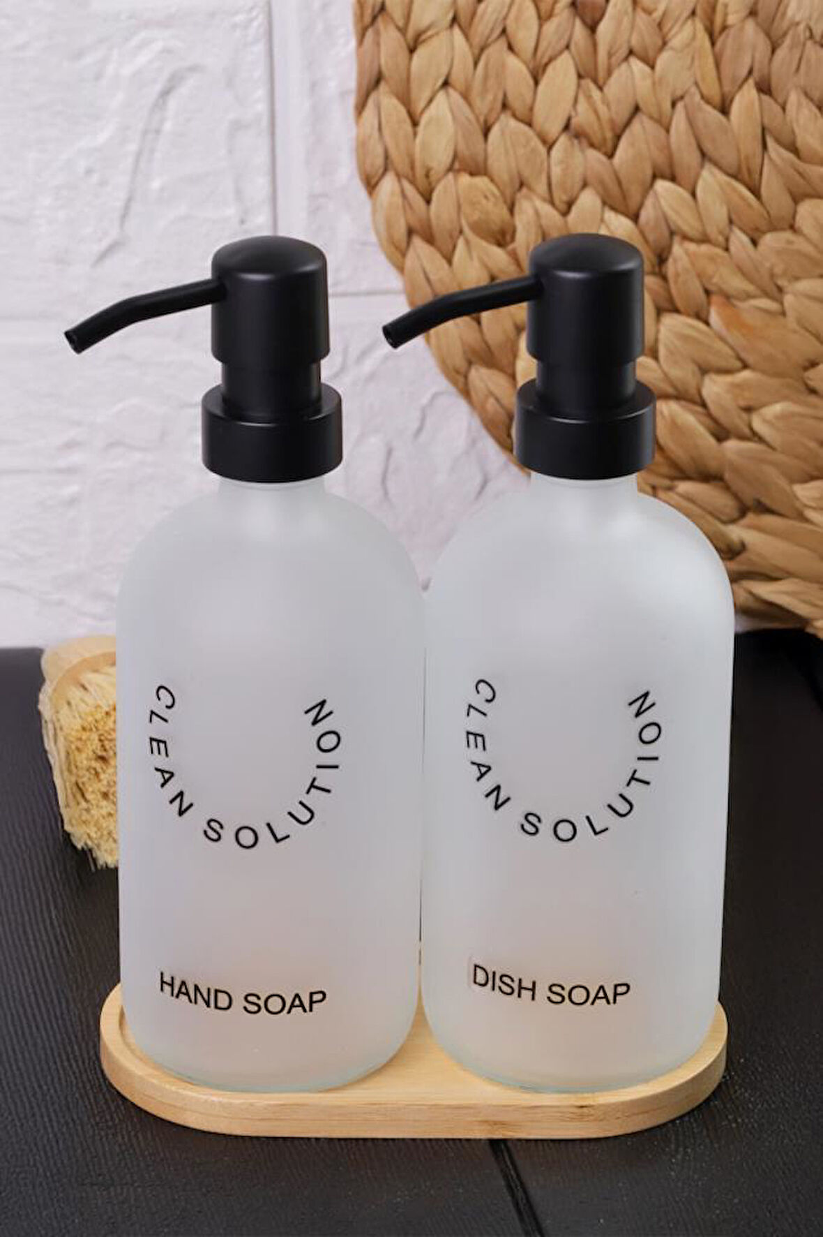 2'li Sablaj Cam Beyaz Sıvı Sabunluk Seti Standlı