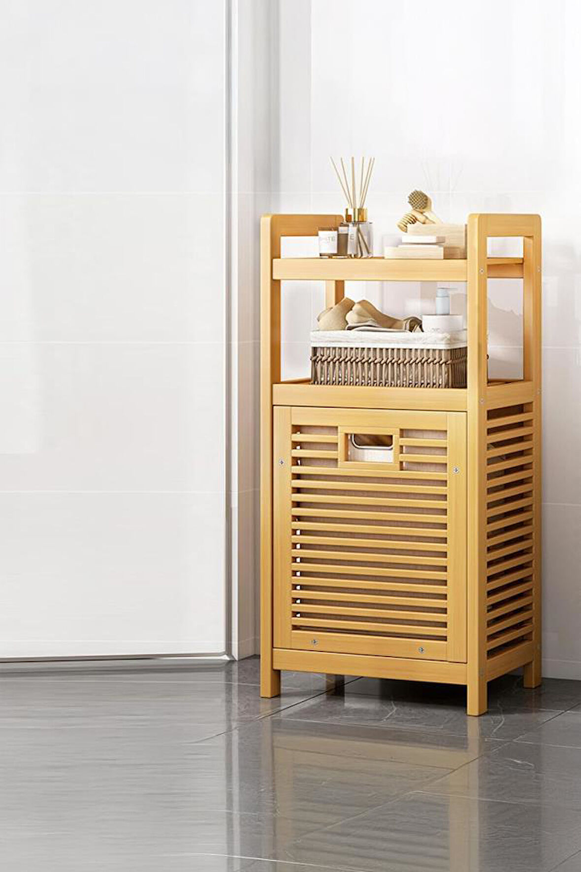 Mien Bambu Dikey Çamaşır Sepeti Raflı Çamaşır Sepeti 40x30x95 Cm