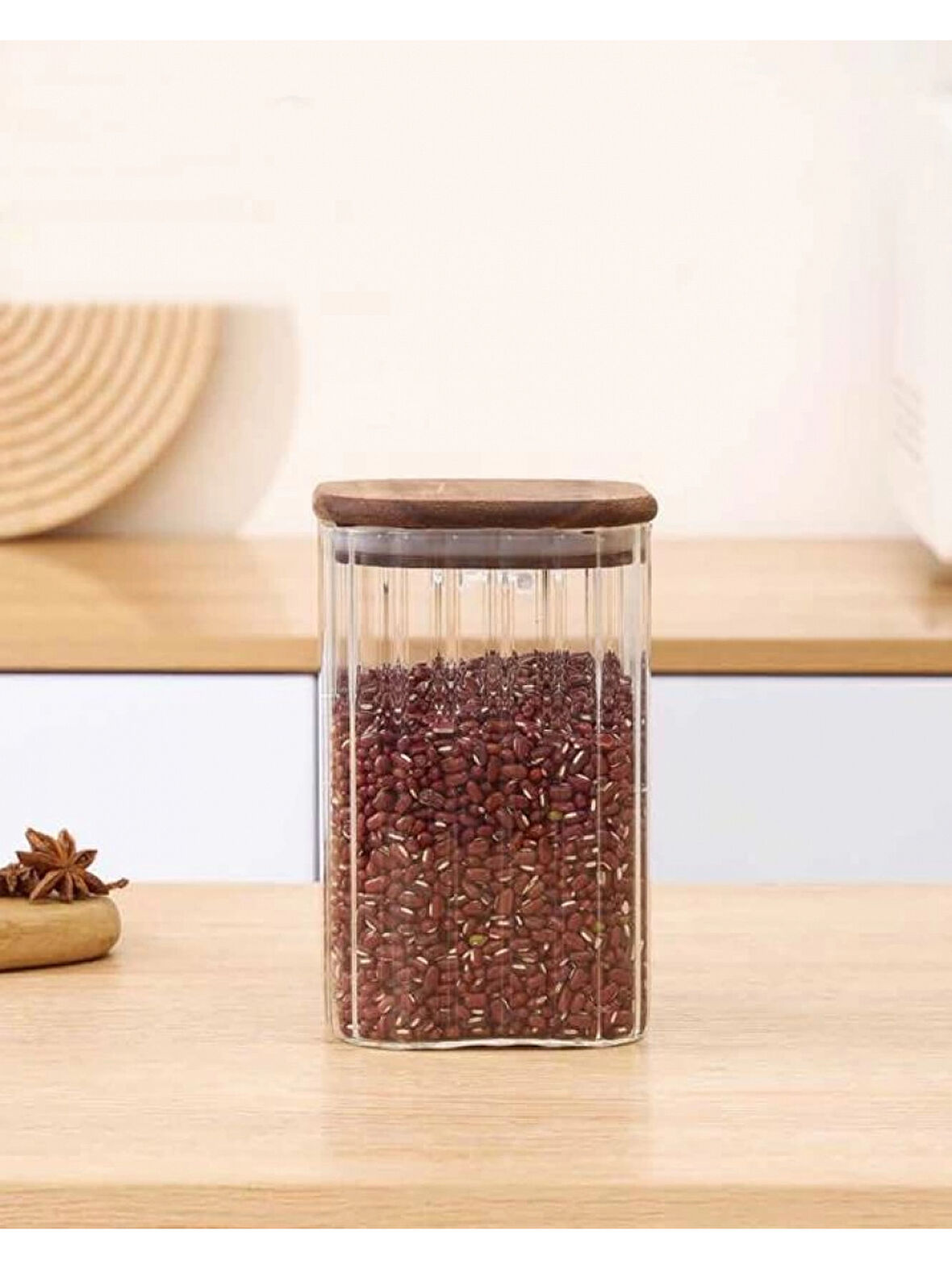 Mien MEN BOR064 Ahşap Kapaklı Kare Cam Kavanoz 1350 cc