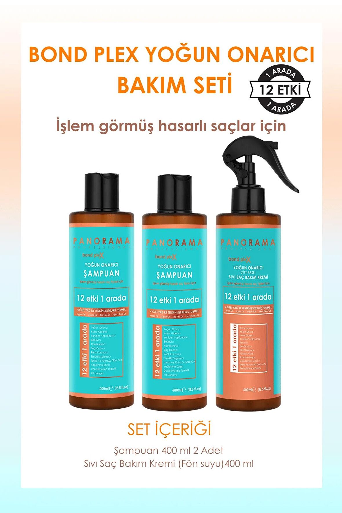 PANORAMA Professional Bond Plex Bakım Seti 12 Etki 1 Arada/400 ml x2 Şampuan + Sıvı Saç Kremi