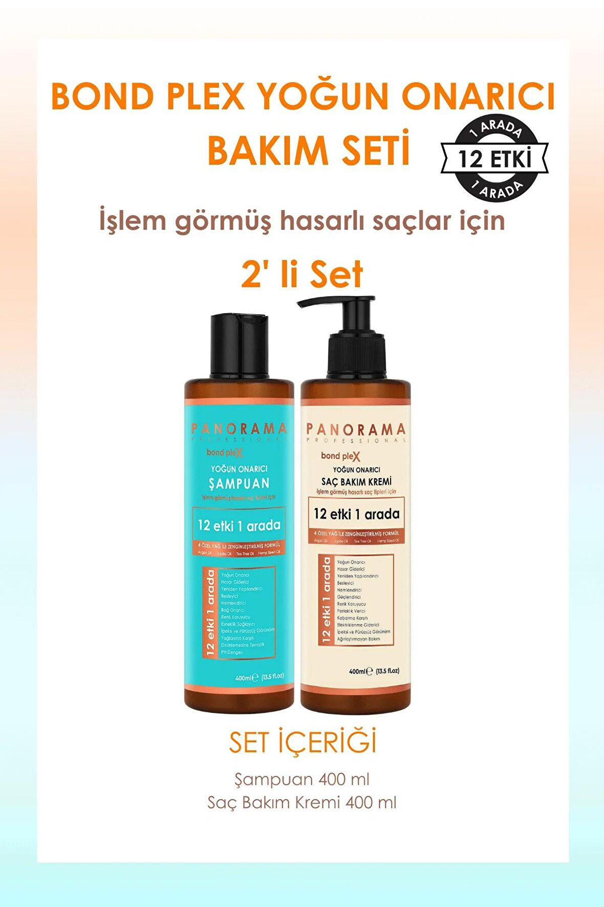 PANORAMA Professional Bond Plex Bakım Seti 12 Etki 1 Arada/400 ml Şampuan + Saç Bakım Kremi 2'li Set