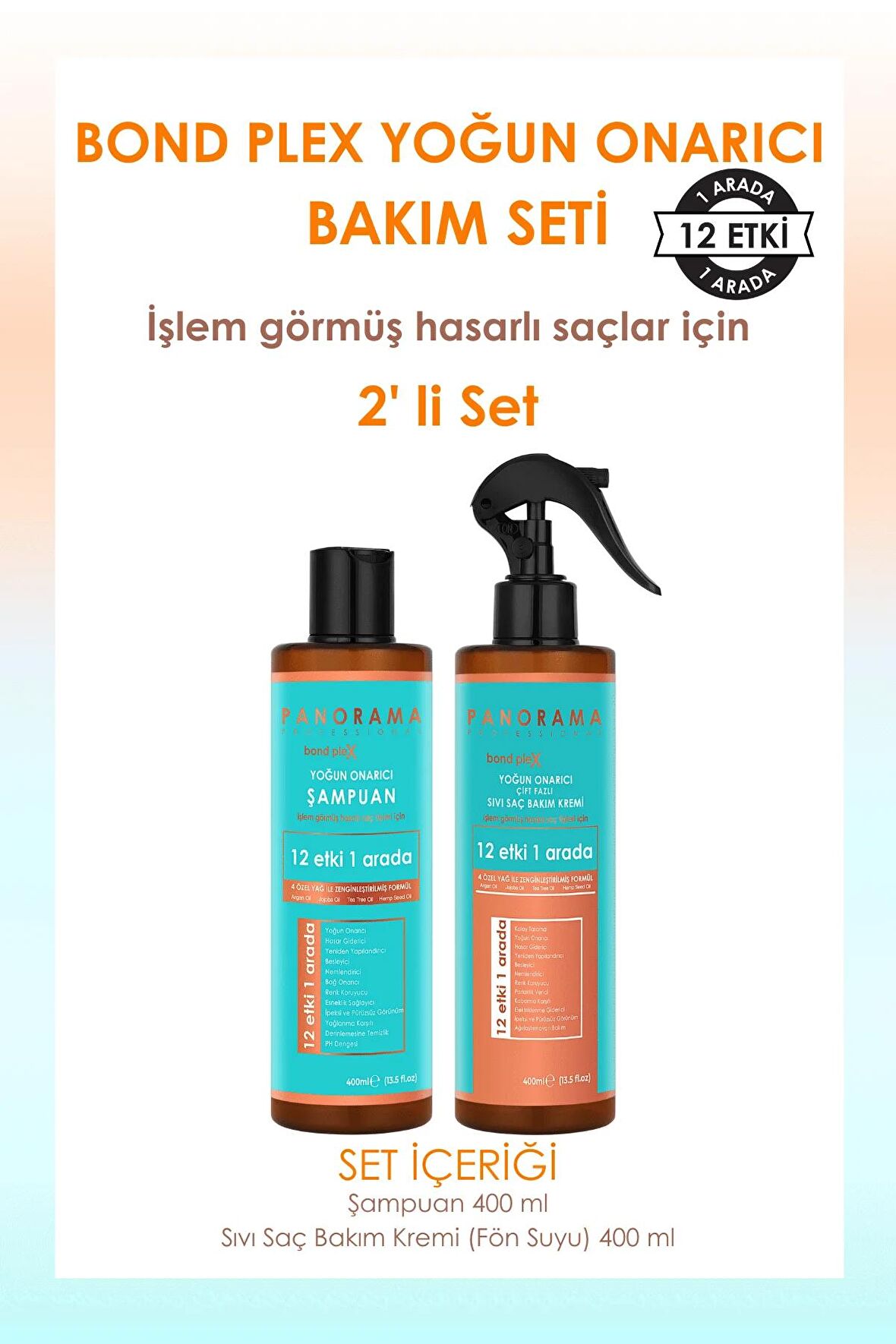 Panorama Professional Bond Plex Bakım Seti 12 Etki 1 Arada/400 ml Şampuan-Sıvı Saç Kremi (Fön Suyu) 2'li Set