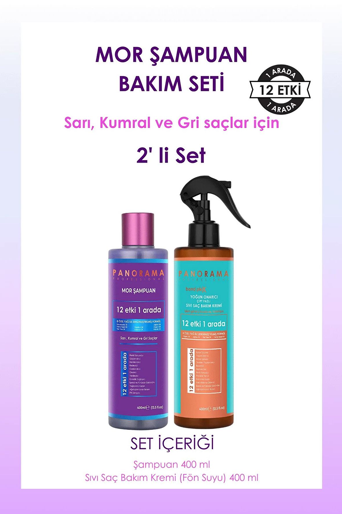 PANORAMA Professional Mor Şampuan Saç Bakım Seti 8 Özel Yağ 400 ml Şampuan + Sıvı Saç Kremi 2'li Set