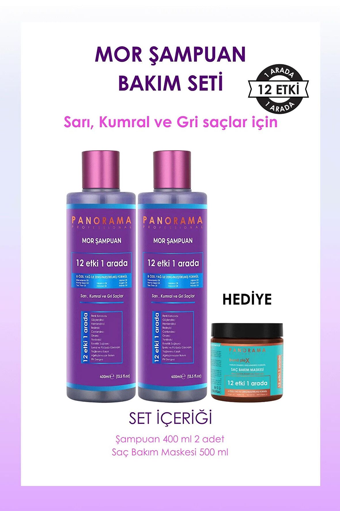 PANORAMA Professional Mor Şampuan ve Saç Bakım Seti 8 Özel Yağ 400ml X2 Şampuan + Saç Maskesi Hediyeli Set