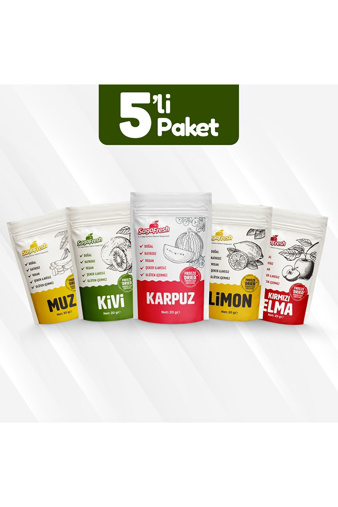 Dondurularak Kurutulmuş Meyve 5'li Set 2 (Kırmızı Elma 25g,Kivi 20g,Limon 20g,Muz 30g,Karpuz 20g)