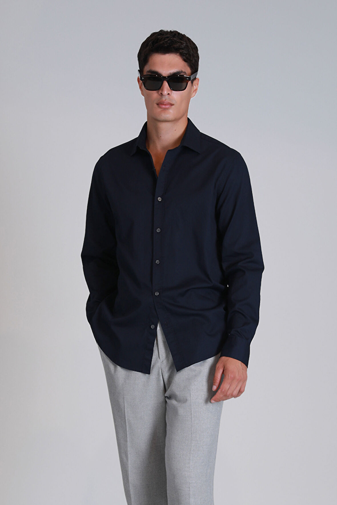 Erkek Ferla Basic Gömlek Slim Fit - Lacivert | XL