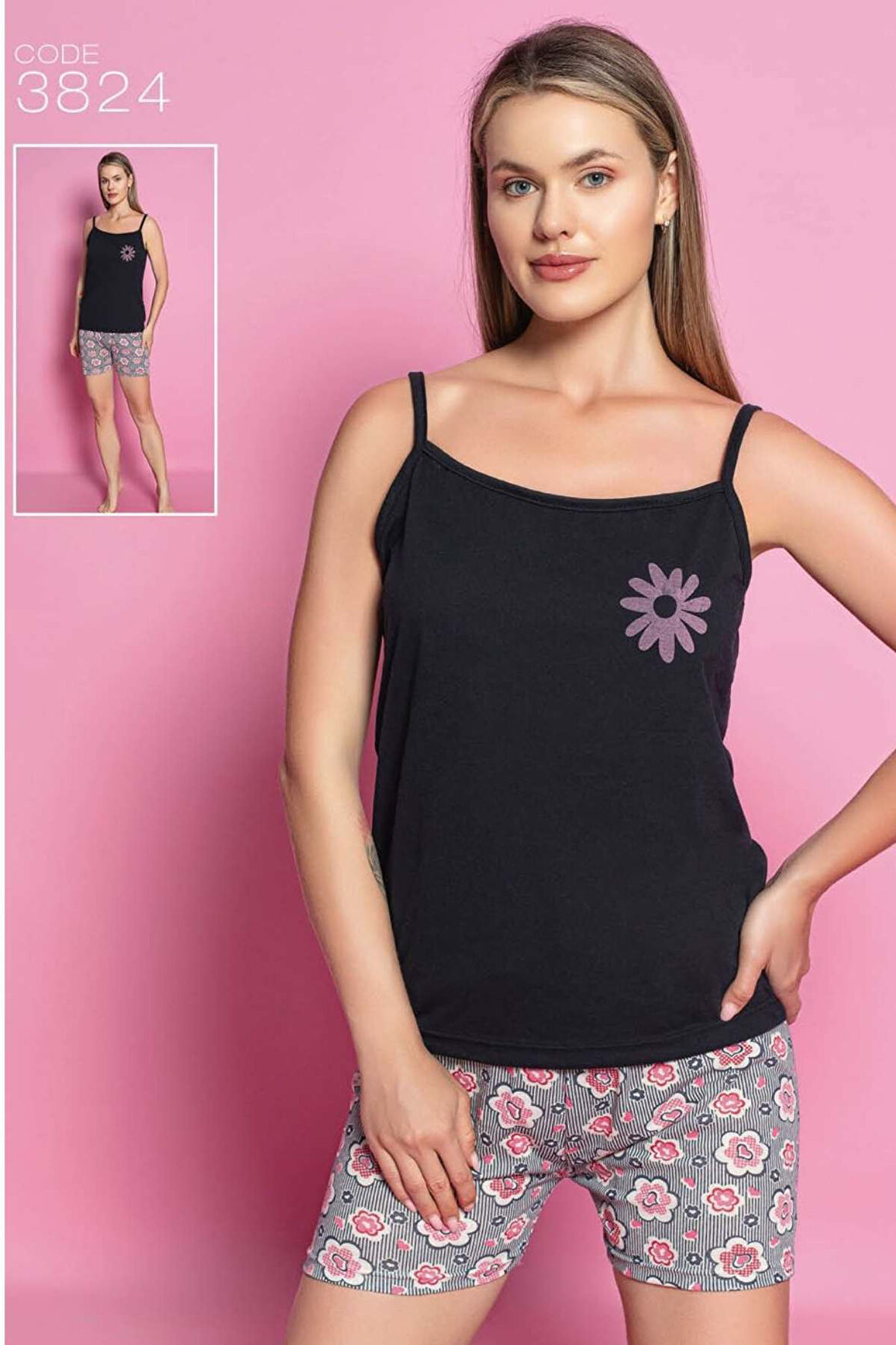 Reo Kadın İp Askılı Siyah Şortlu Pijama Takım 3824 