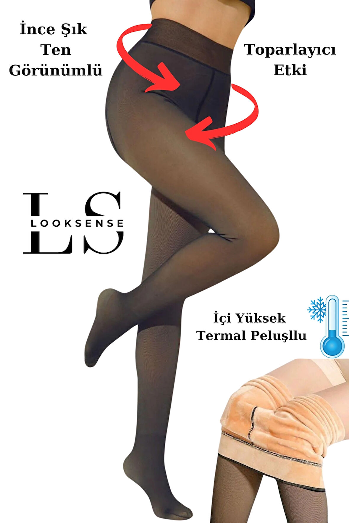 Looksense Kadın İçi Yüksek Termal Polarlı Peluş Dışı İnce Ten Görünümlü Toparlayıcı Külotlu Çorap 1000