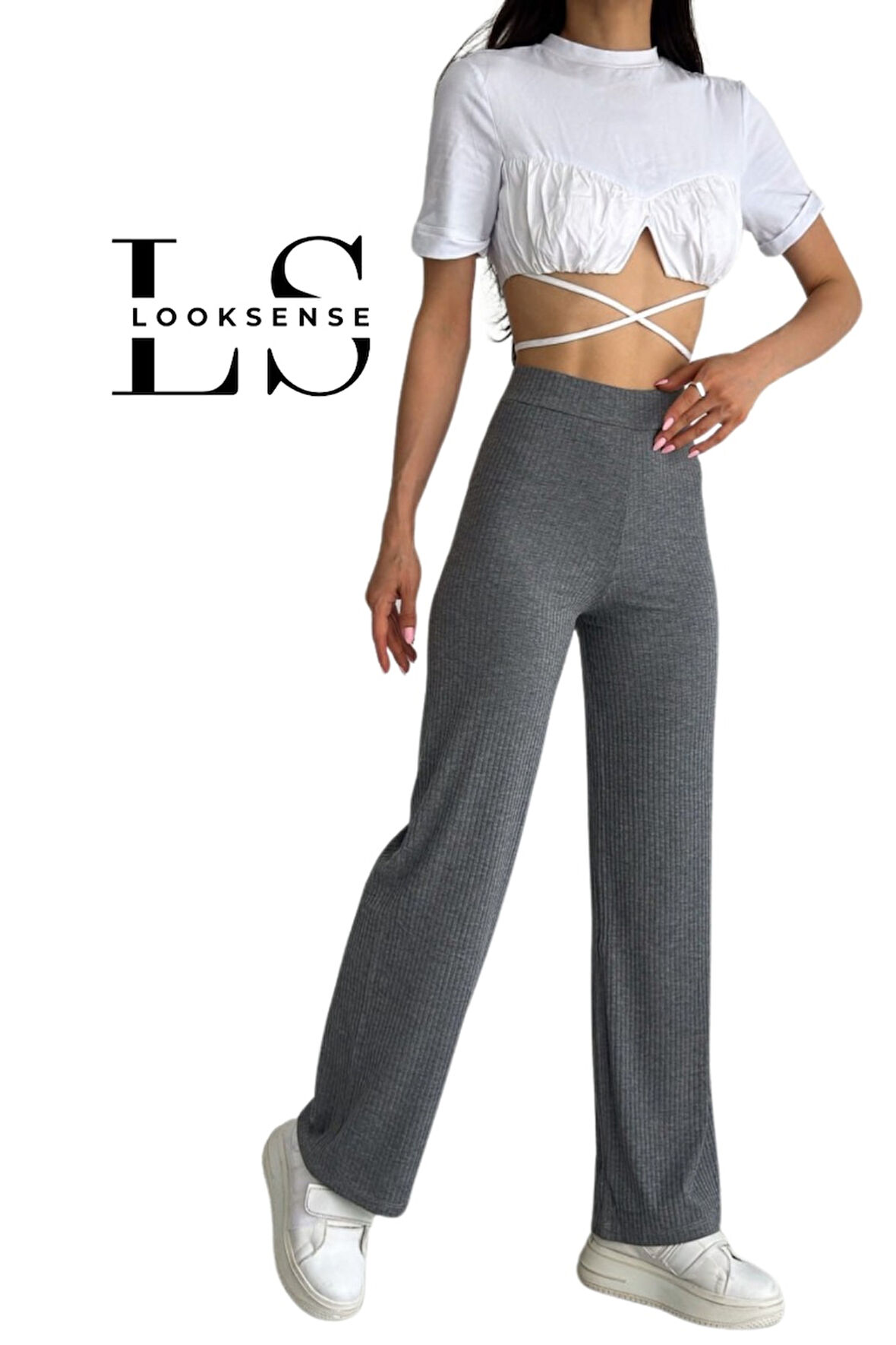 Looksense Kadın Kaşkorse Yüksek Bel Bol Paça Fitilli Tayt 01034 