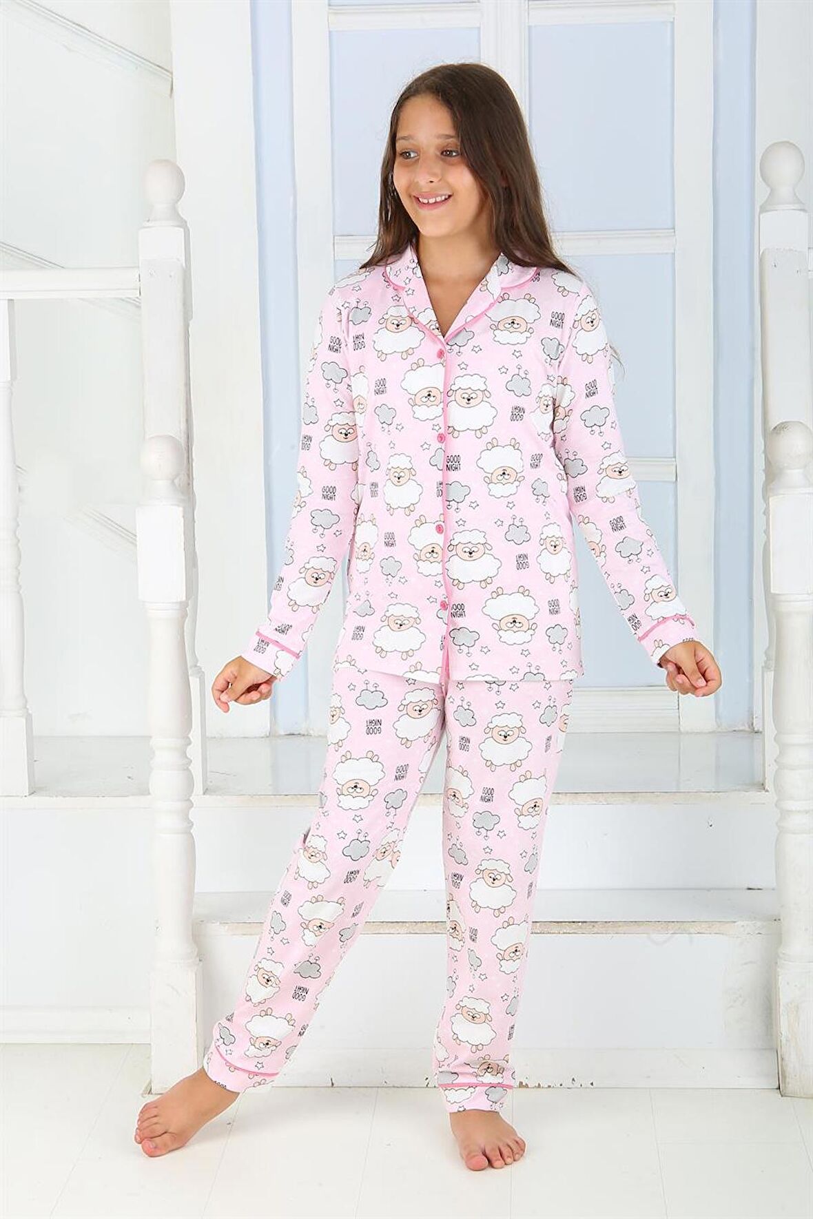 Kız Düğmeli Pijama Takımı Kuzulu 'good night' Model Uzun Kollu