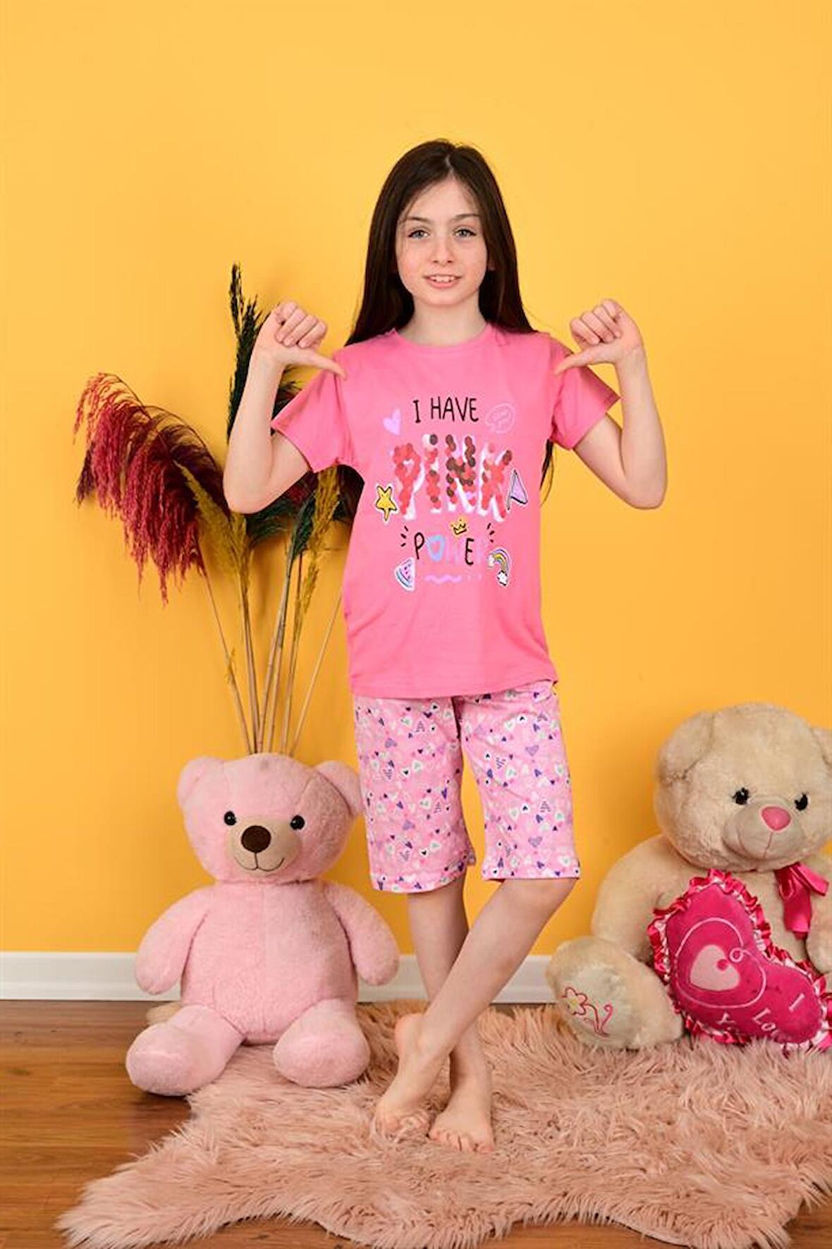 kız çocuk kapri  pijama takımı pink fuşya