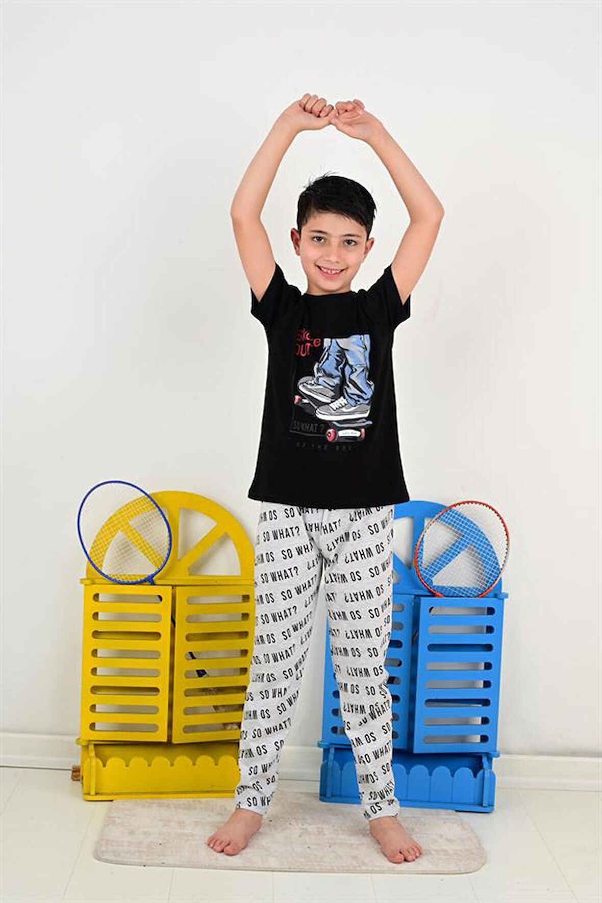 erkek çocuk kısa kollu pijama takımı so what skate model siyah