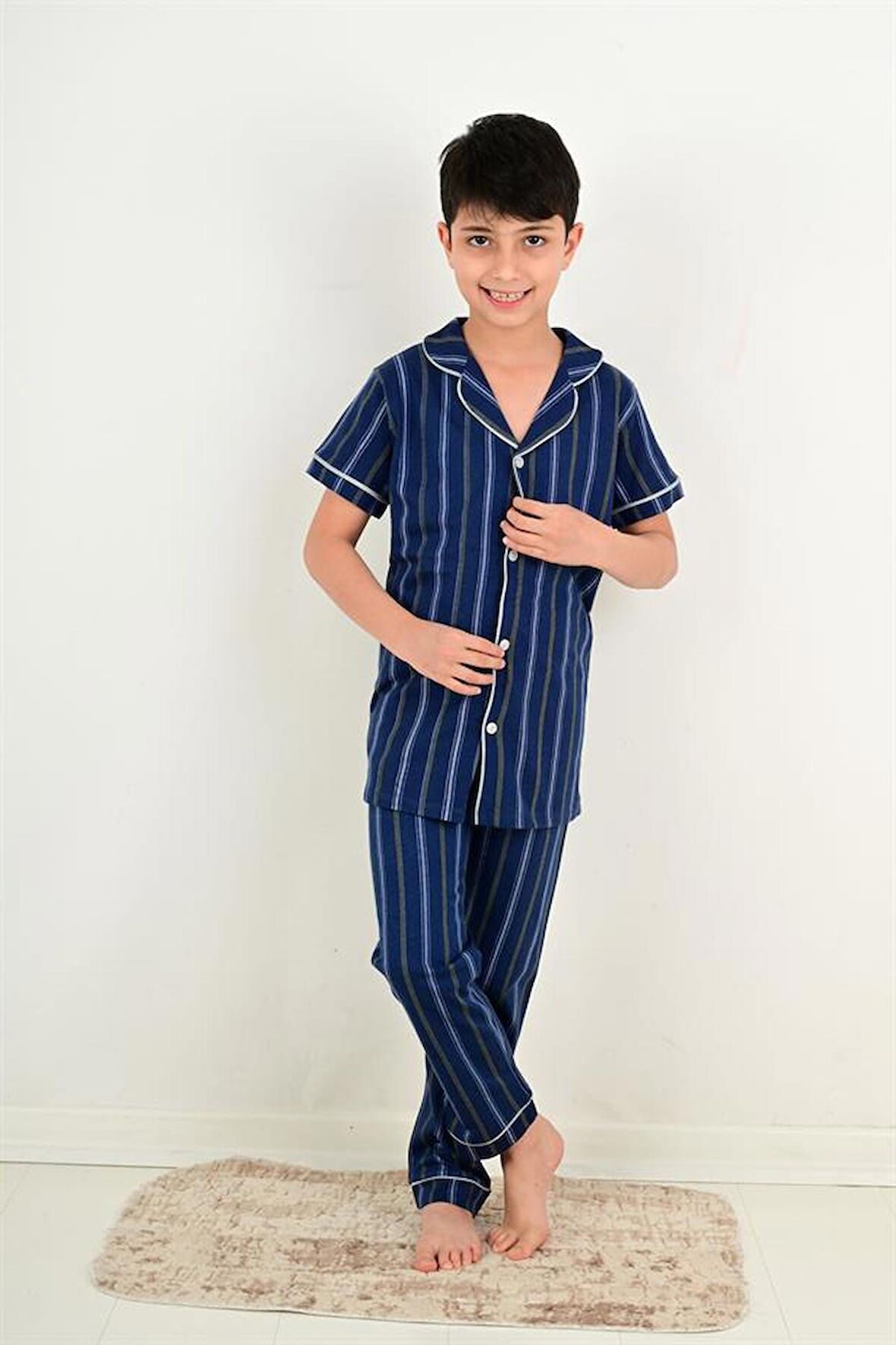 erkek çocuk kısa kollu düğmeli pijama takımı atlas model indigo