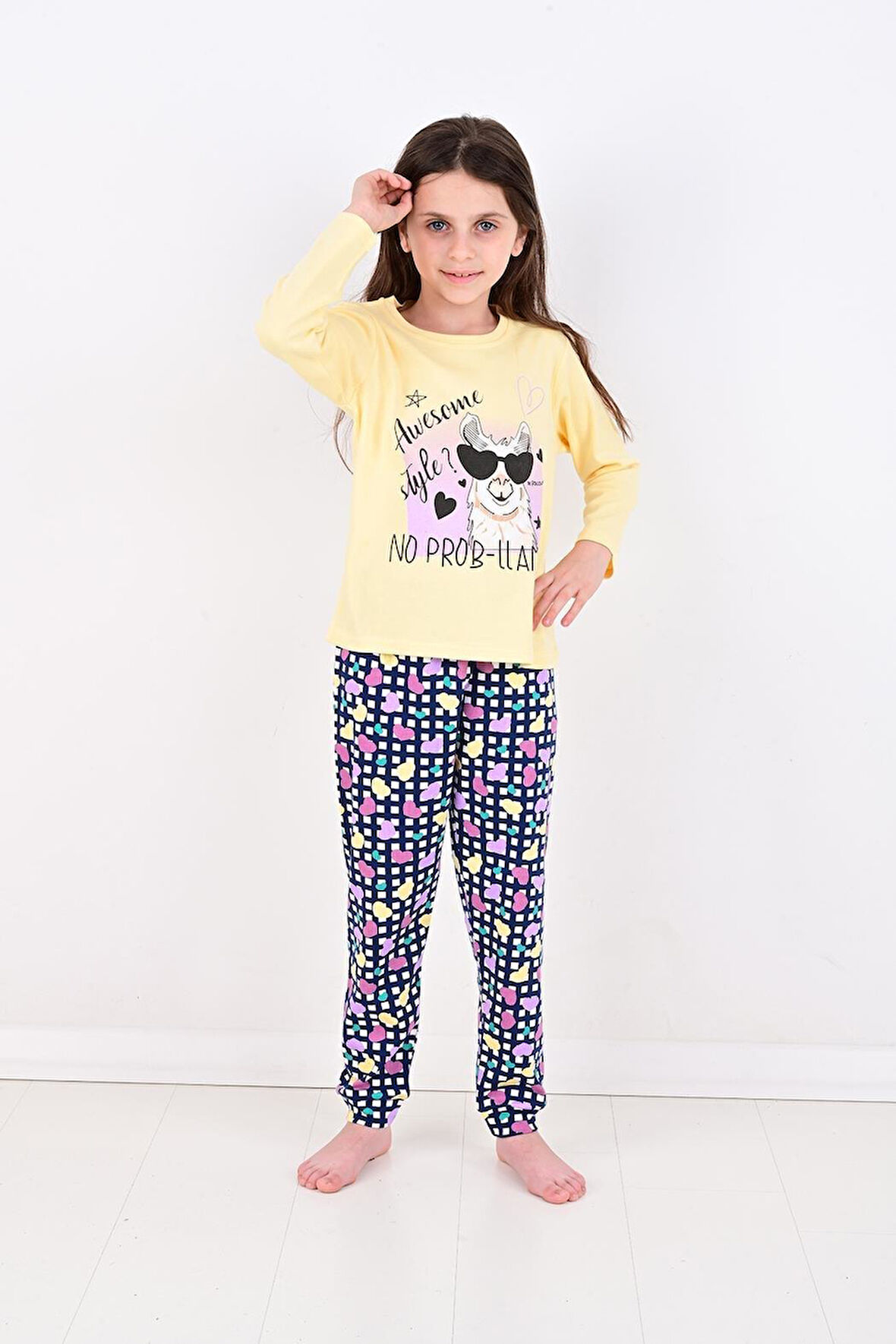 Uzun Kollu Kız Çocuk Pijama Takımı No Prob Lama 